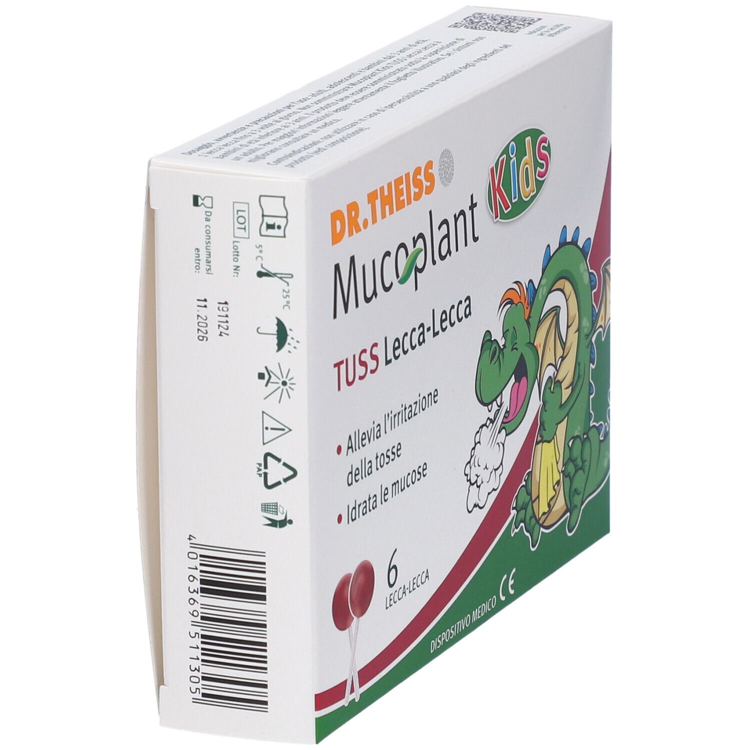 Schrägansicht der Verpackung von DR.THEISS Mucoplant Kids. Enthält 6 Lutschbonbons. Mit Drachen-Illustration.