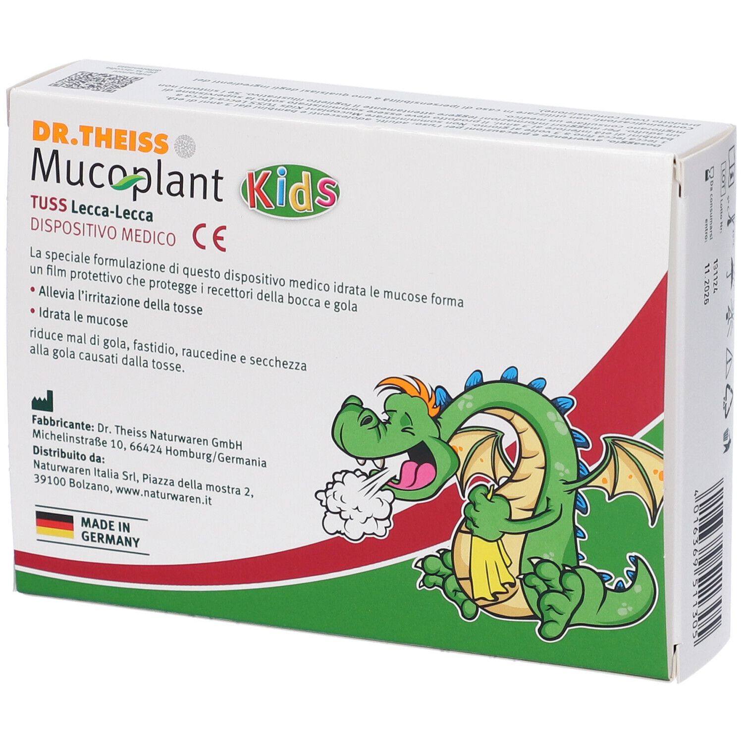 Verpackung von DR.THEISS Mucoplant Kids TUSS Lecca-Lecca. Enthält 6 Lutschbonbons. Mit Drachen-Illustration.