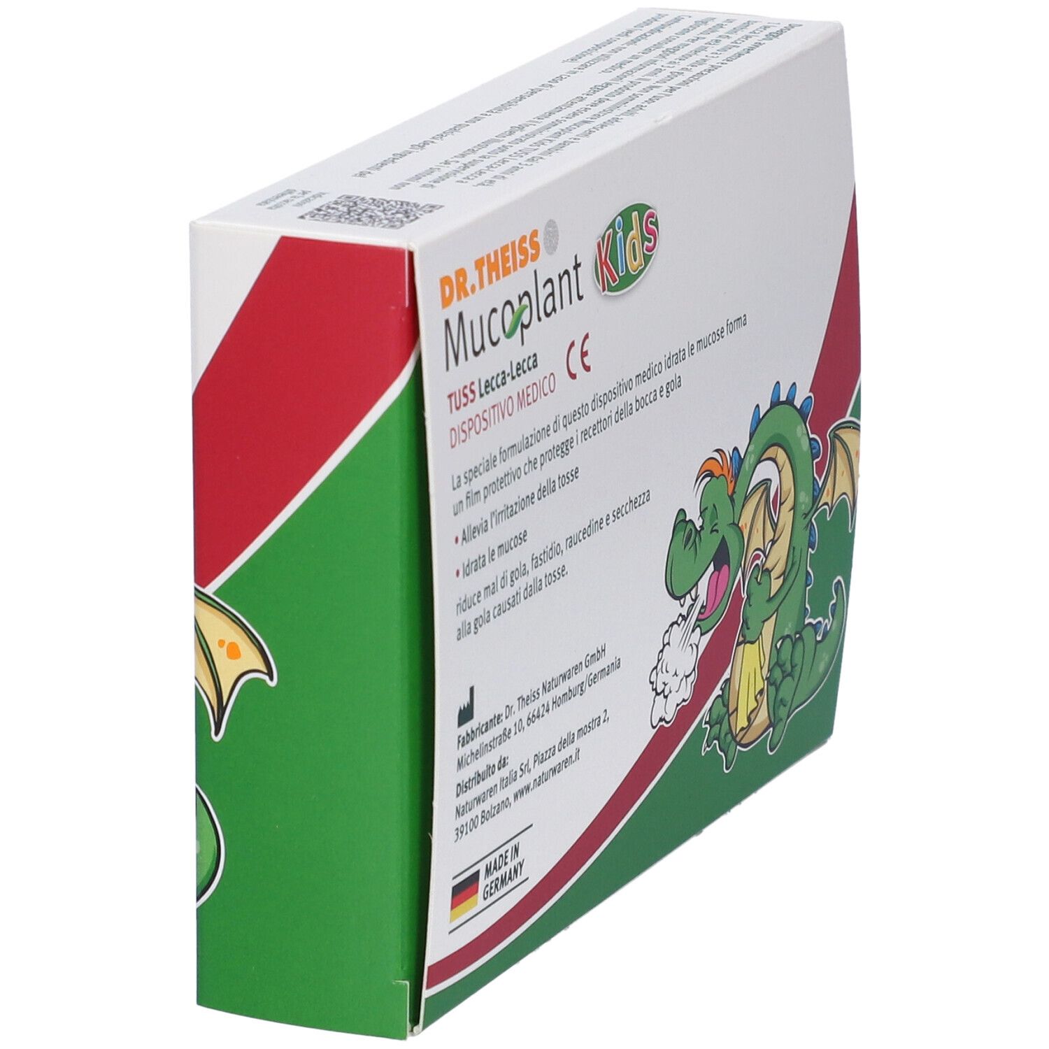 Schrägansicht der Verpackung von DR.THEISS Mucoplant Kids. Enthält 6 Lutschbonbons. Mit Drachen-Illustration.