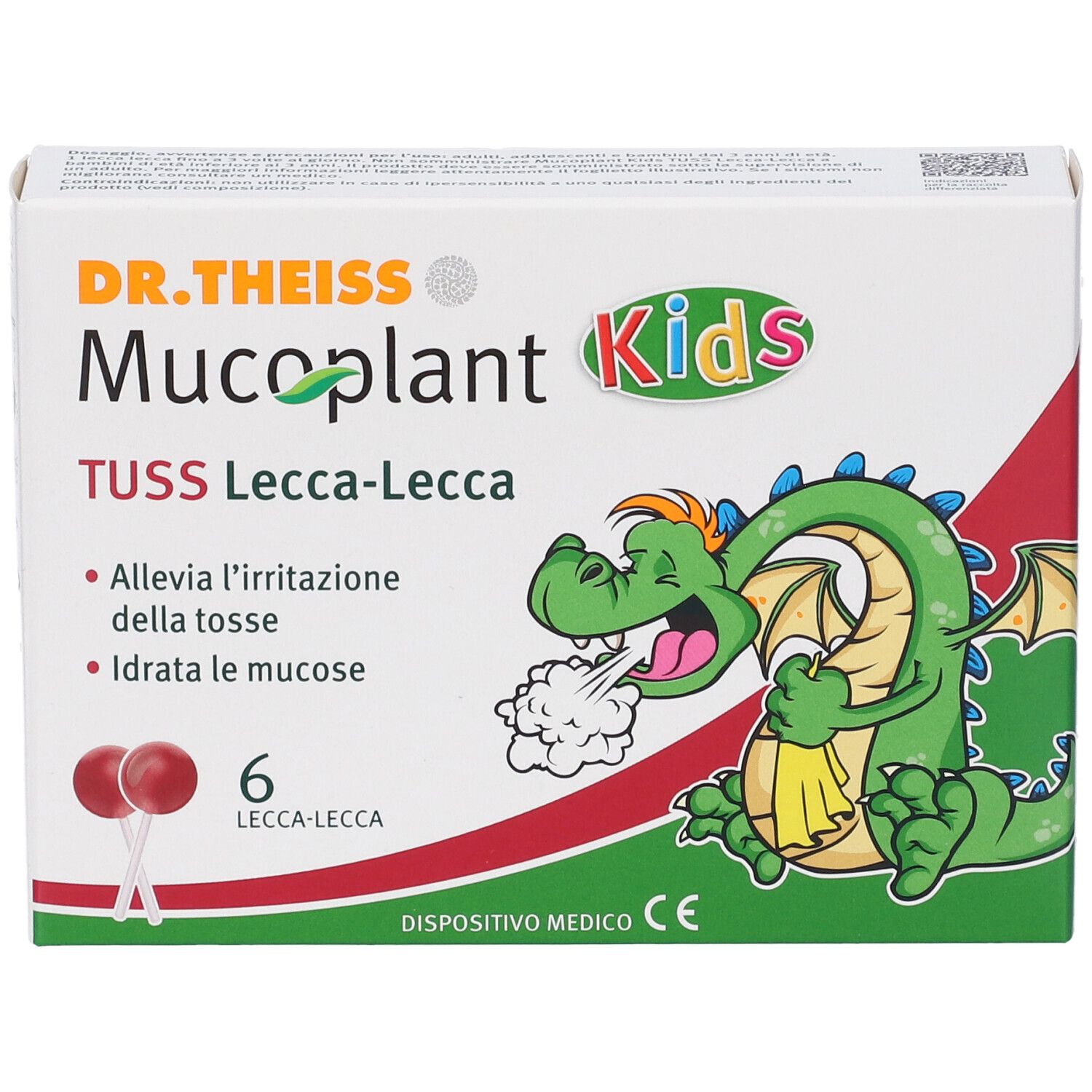 Verpackung von DR.THEISS Mucoplant Kids TUSS Lecca-Lecca. Enthält 6 Lutschbonbons. Mit Drachen-Illustration.