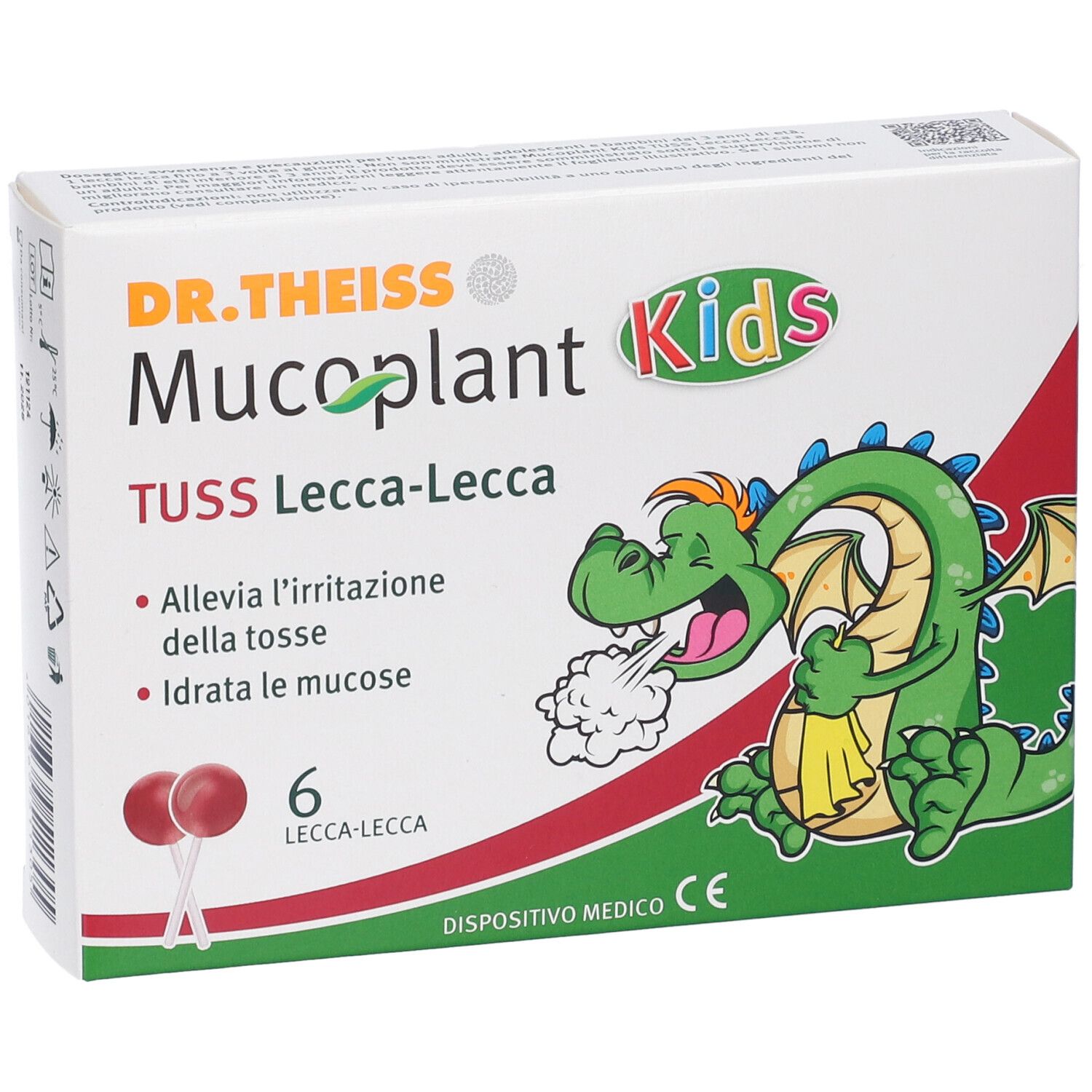 Verpackung von DR.THEISS Mucoplant Kids TUSS Lecca-Lecca. Enthält 6 Lutschbonbons. Mit Drachen-Illustration.