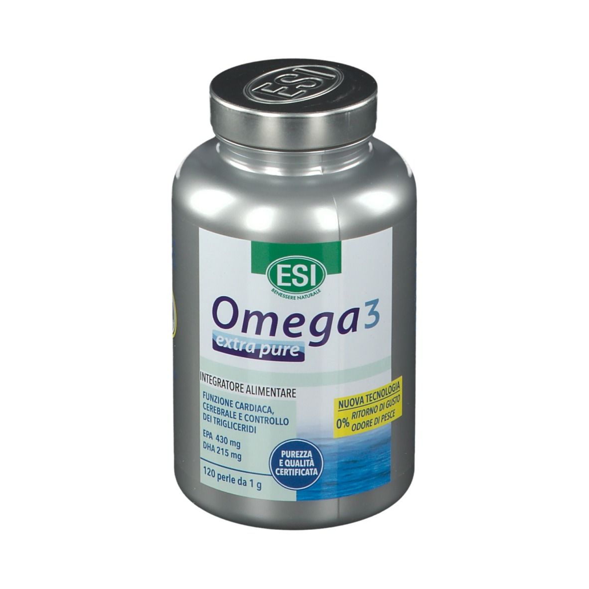 Flacone argentato ESI Omega 3 Extra Rein. Scritta Omega 3, EPA 430mg, DHA 215mg. 120 perle.