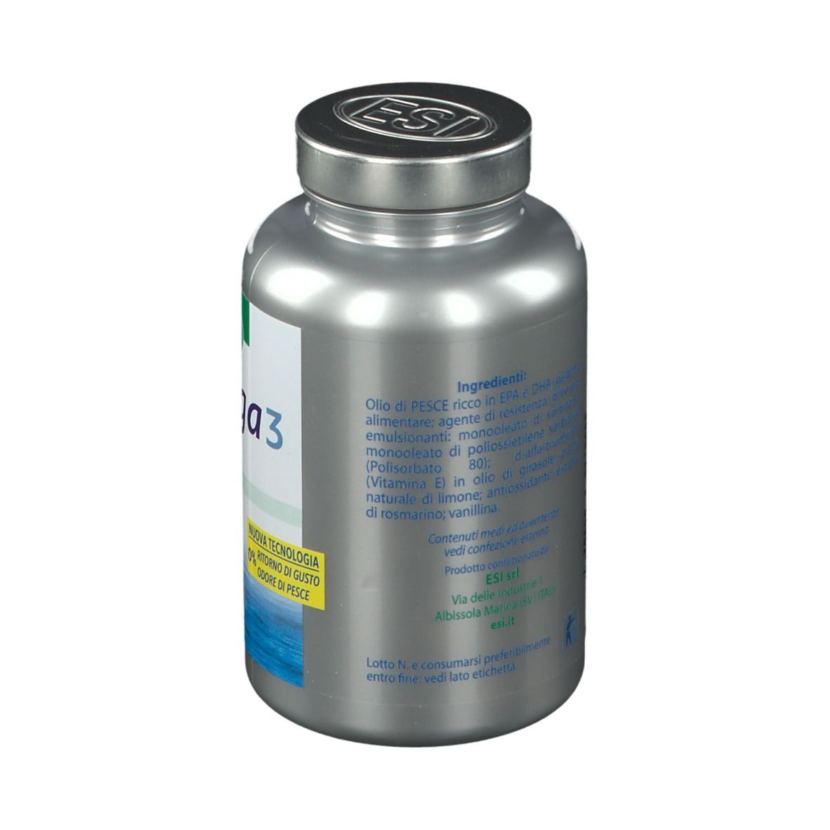 Flacone argentato ESI Omega 3 Extra Rein. Retro con ingredienti e certificazioni.