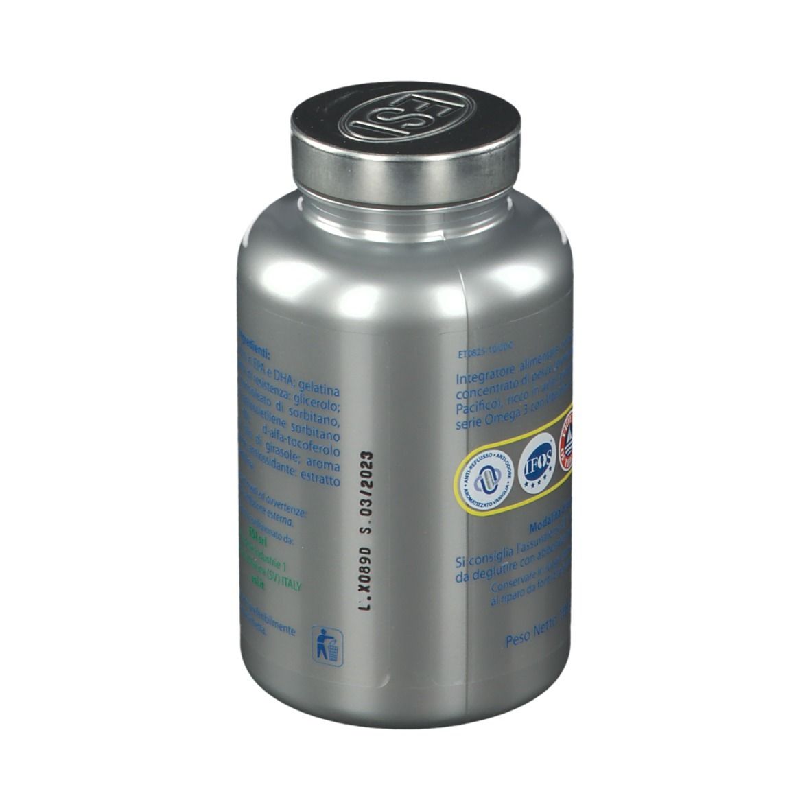 Flacone argentato ESI Omega 3 Extra Rein. Retro con ingredienti e certificazioni.