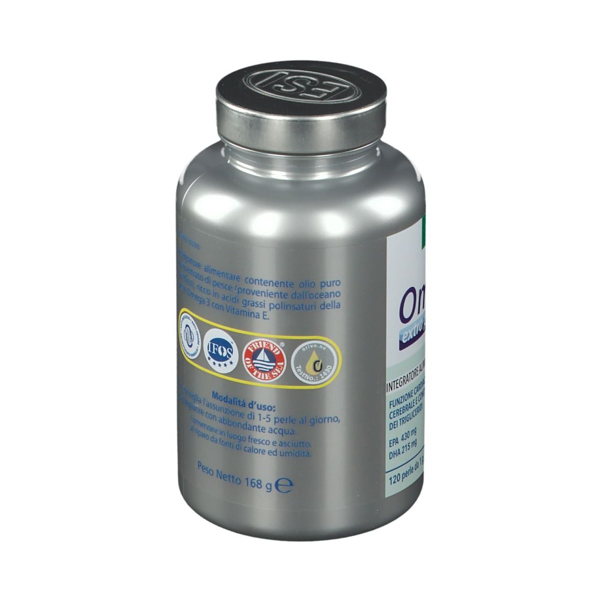 Flacone argentato ESI Omega 3 Extra Rein. Retro con ingredienti e certificazioni.