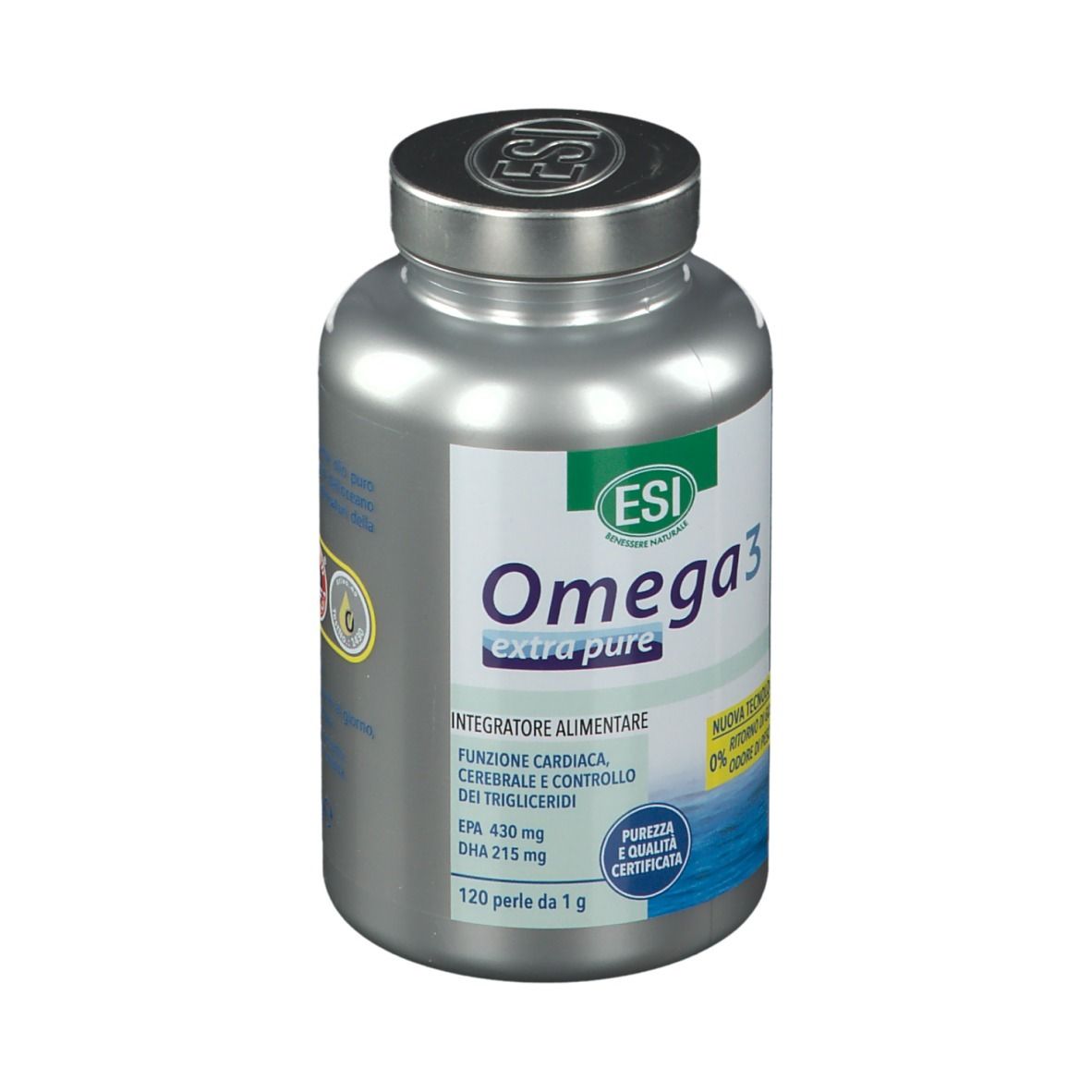 Flacone argentato ESI Omega 3 Extra Rein. Scritta Omega 3, EPA 430mg, DHA 215mg. 120 perle.