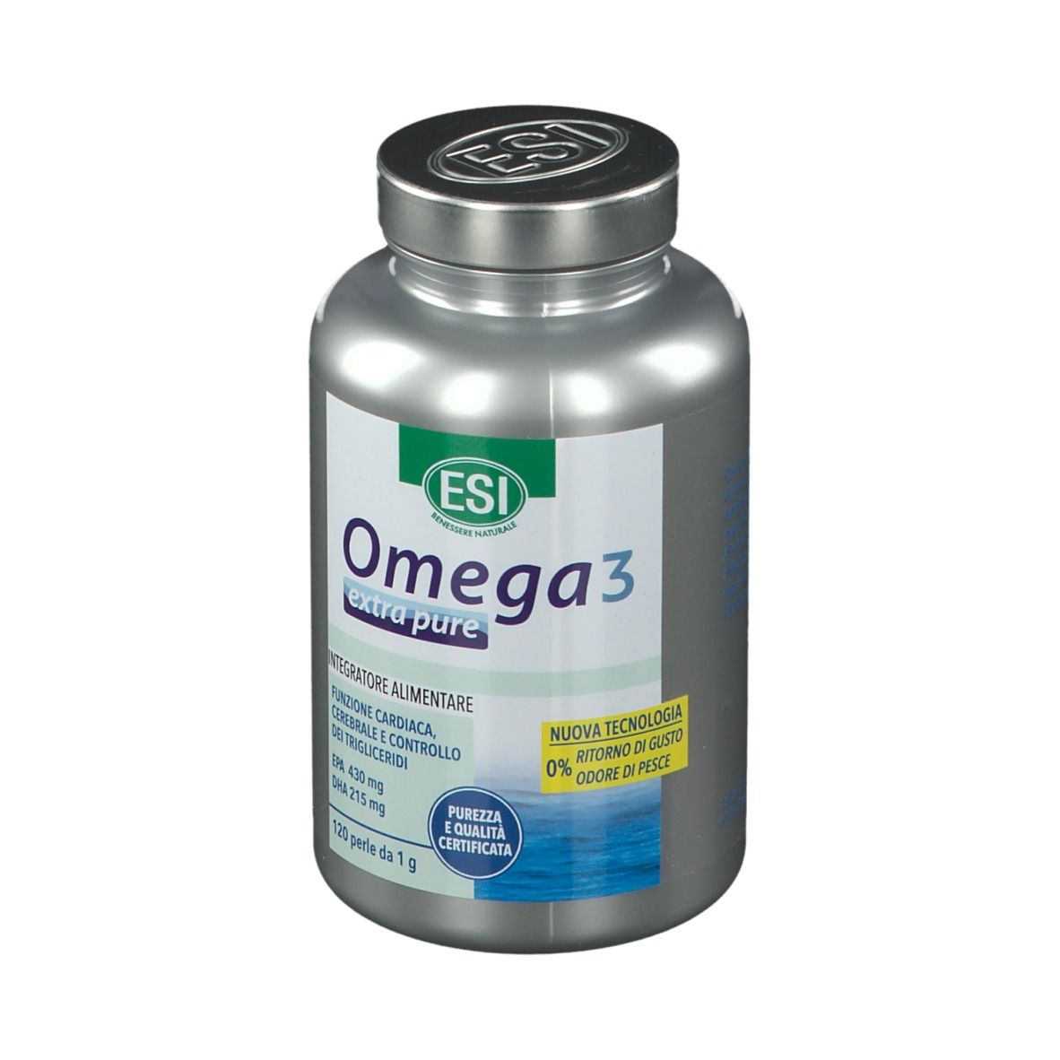 Flacone argentato ESI Omega 3 Extra Rein. Scritta Omega 3, EPA 430mg, DHA 215mg. 120 perle.