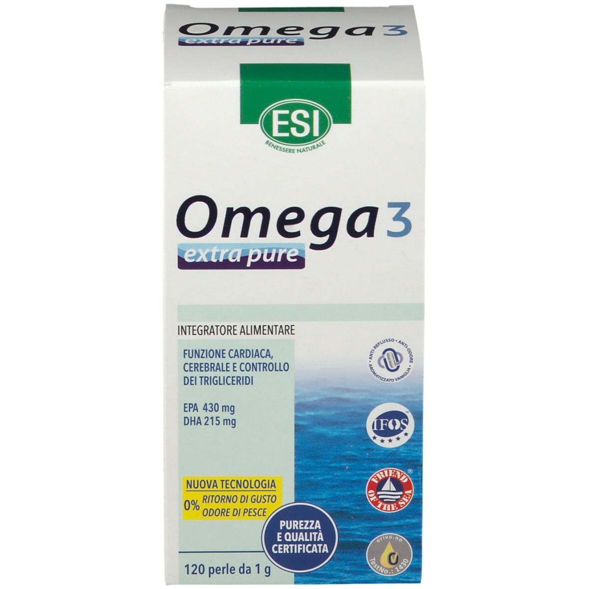 Scatola bianca ESI Omega 3 Extra Rein. Scritta Omega 3, EPA 430mg, DHA 215mg. 120 perle.