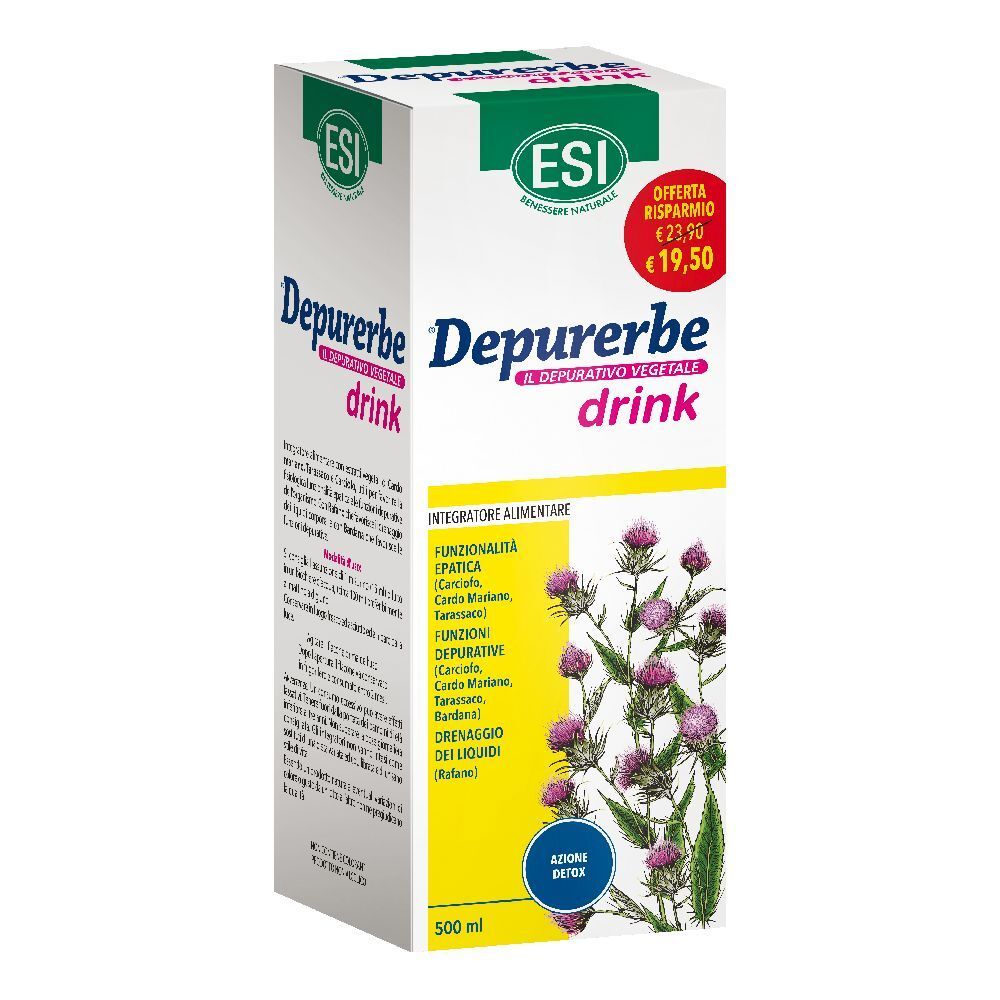Scatola bianca con coperchio verde. Scritto: Depurerbe drink. Illustrazione di un cardo viola. Testo: Integratore alimentare.