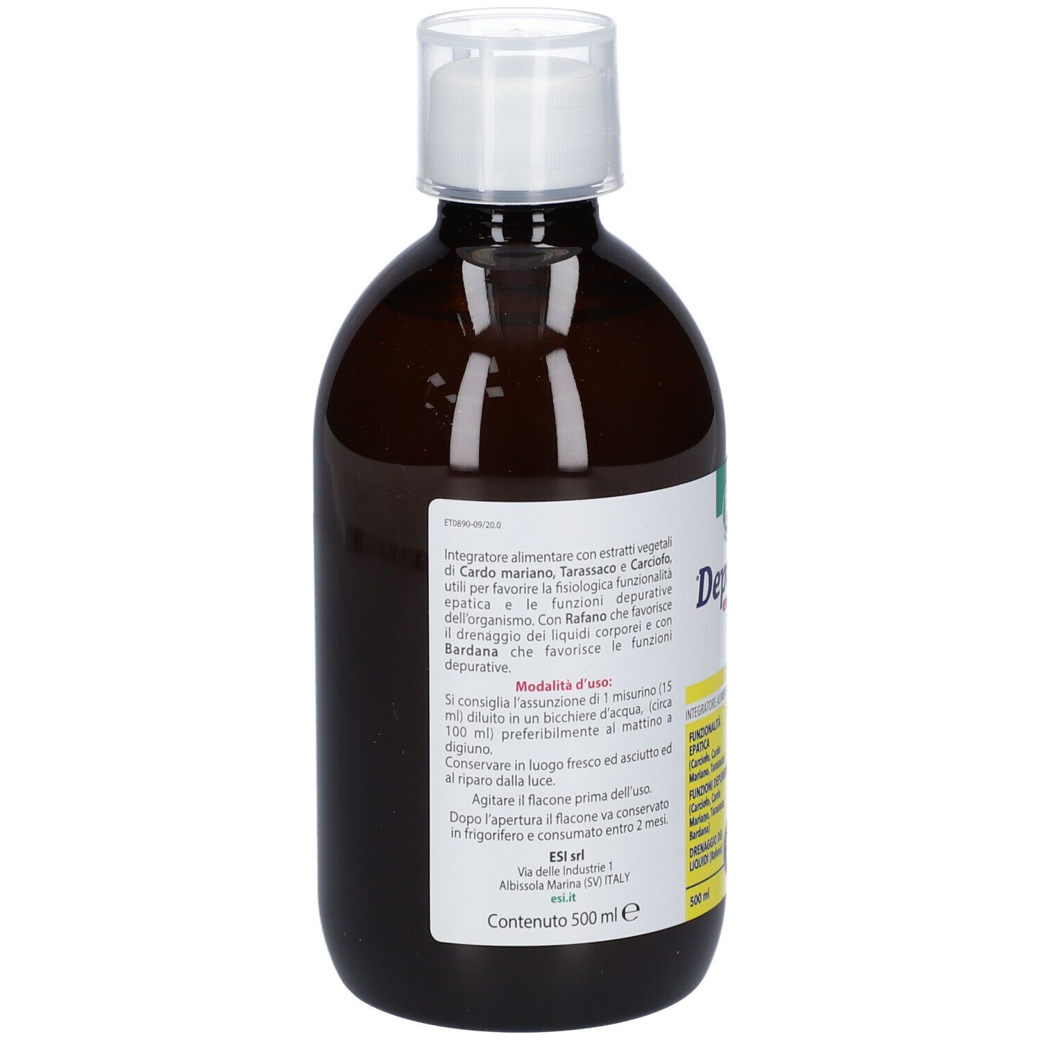 Bottiglia marrone con tappo bianco. Retro con testo. Scritto: Depurerbe drink. Testo: Integratore alimentare.
