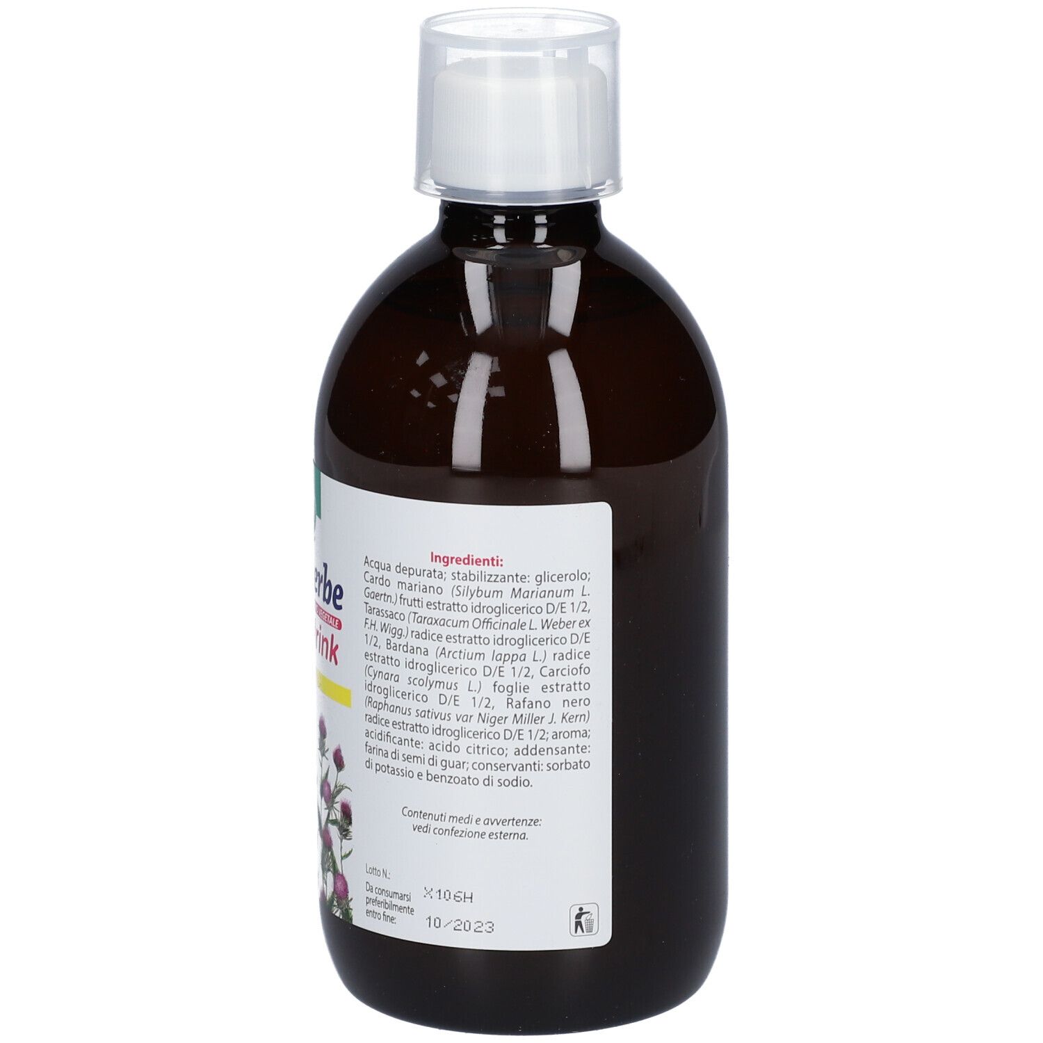 Bottiglia marrone con tappo bianco. Retro con testo. Scritto: Depurerbe drink. Testo: Integratore alimentare.