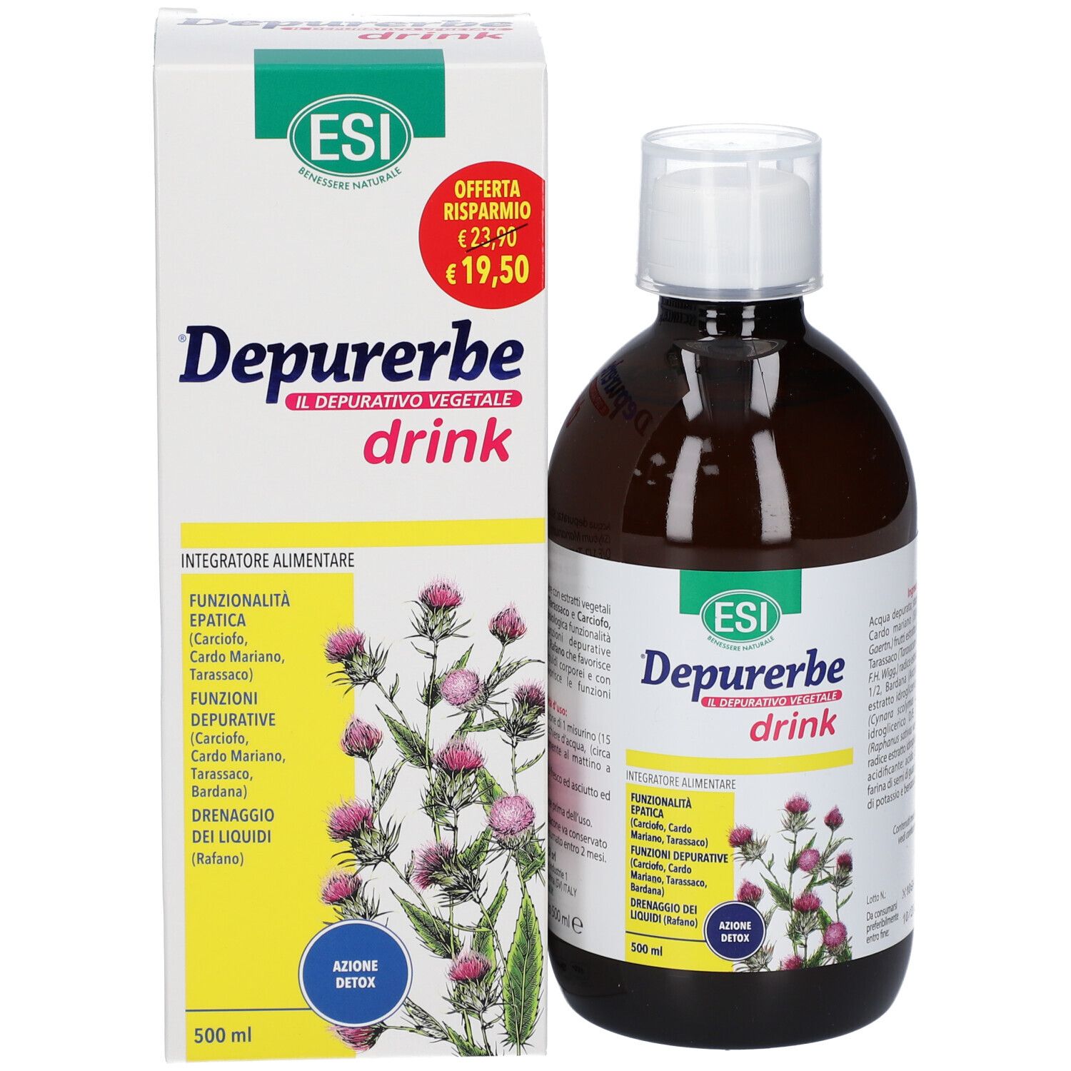 Bottiglia e scatola. Bottiglia marrone con tappo bianco. Scritto: Depurerbe drink. Testo: Integratore alimentare.
