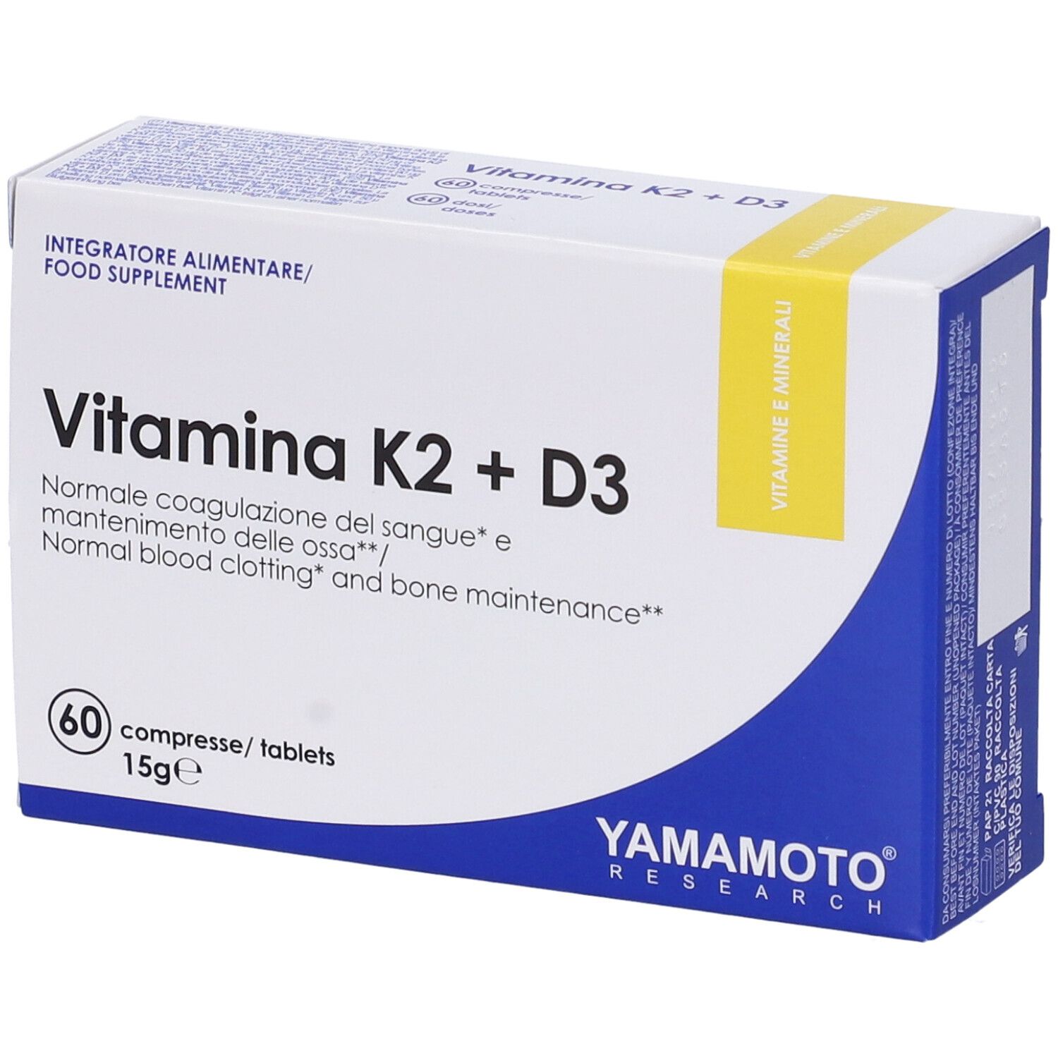 Scatola di integratore alimentare. Scritta: Vitamina K2 + D3. Marca: Yamamoto Research. Contiene 60 compresse.