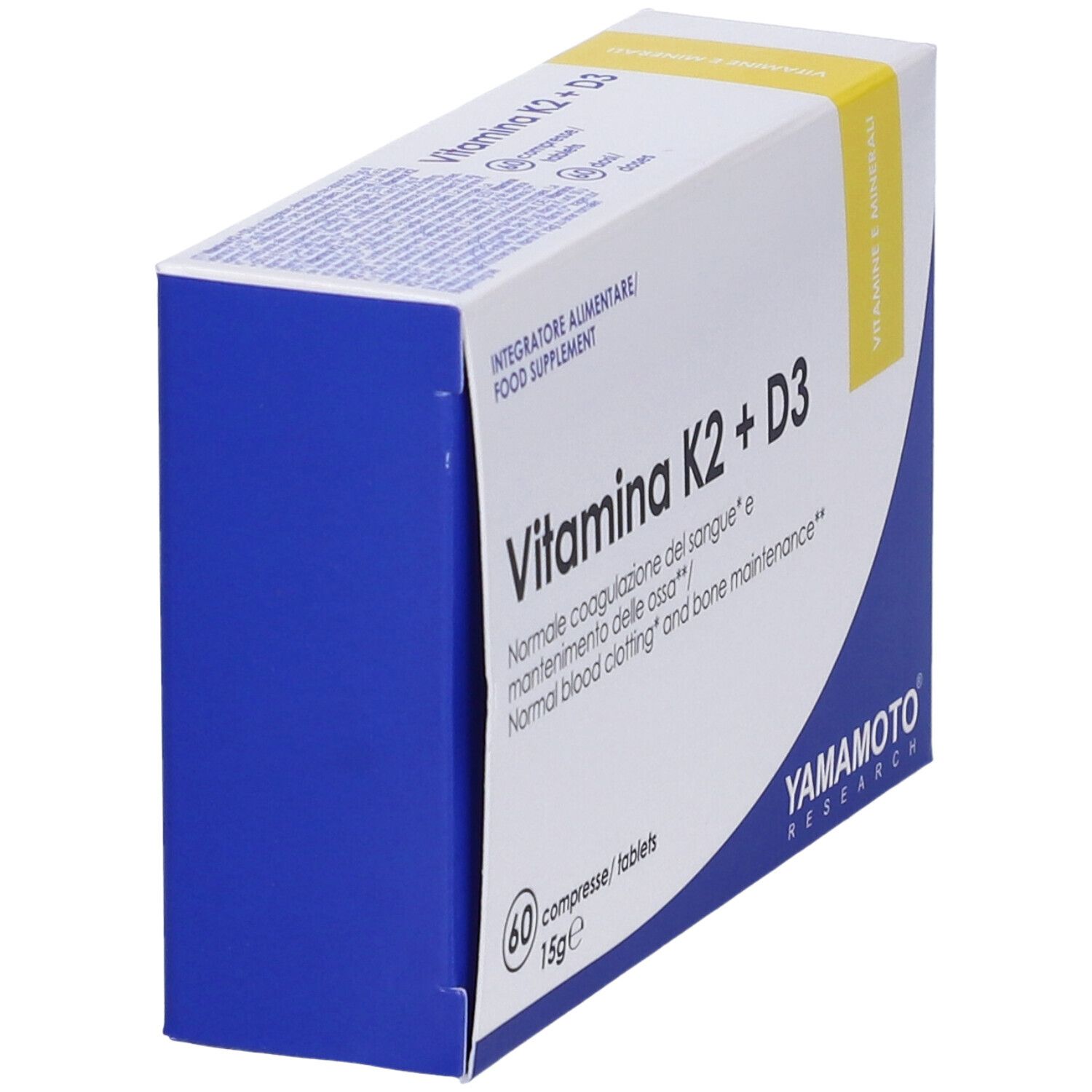 Scatola di integratore alimentare. Scritta: Vitamina K2 + D3. Marca: Yamamoto Research. Confezione blu e bianca.