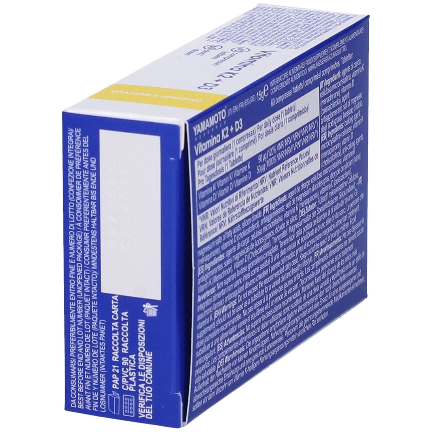Lato della scatola di integratore alimentare. Testo con informazioni. Marca: Yamamoto Research. Confezione blu e bianca.