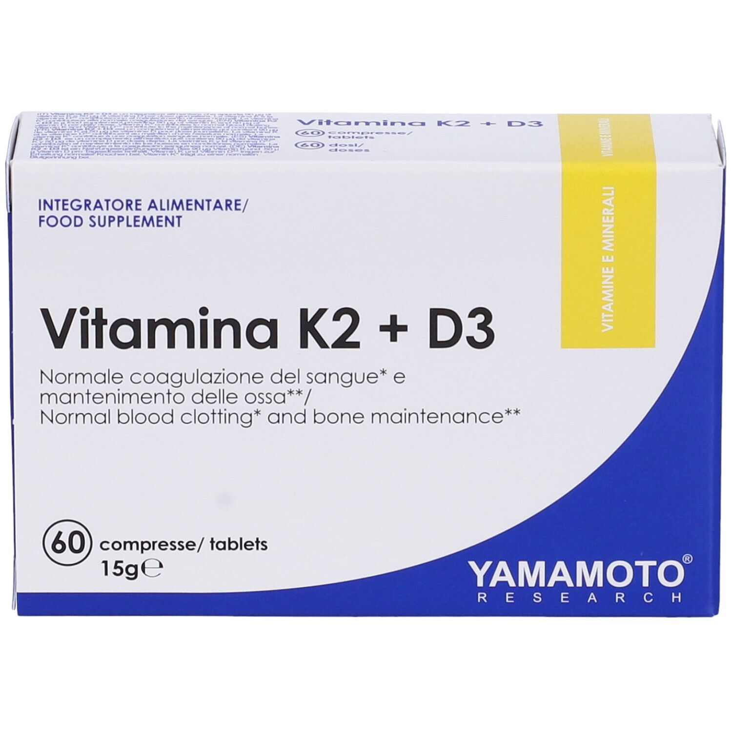 Scatola di integratore alimentare. Scritta: Vitamina K2 + D3. Marca: Yamamoto Research. Contiene 60 compresse.