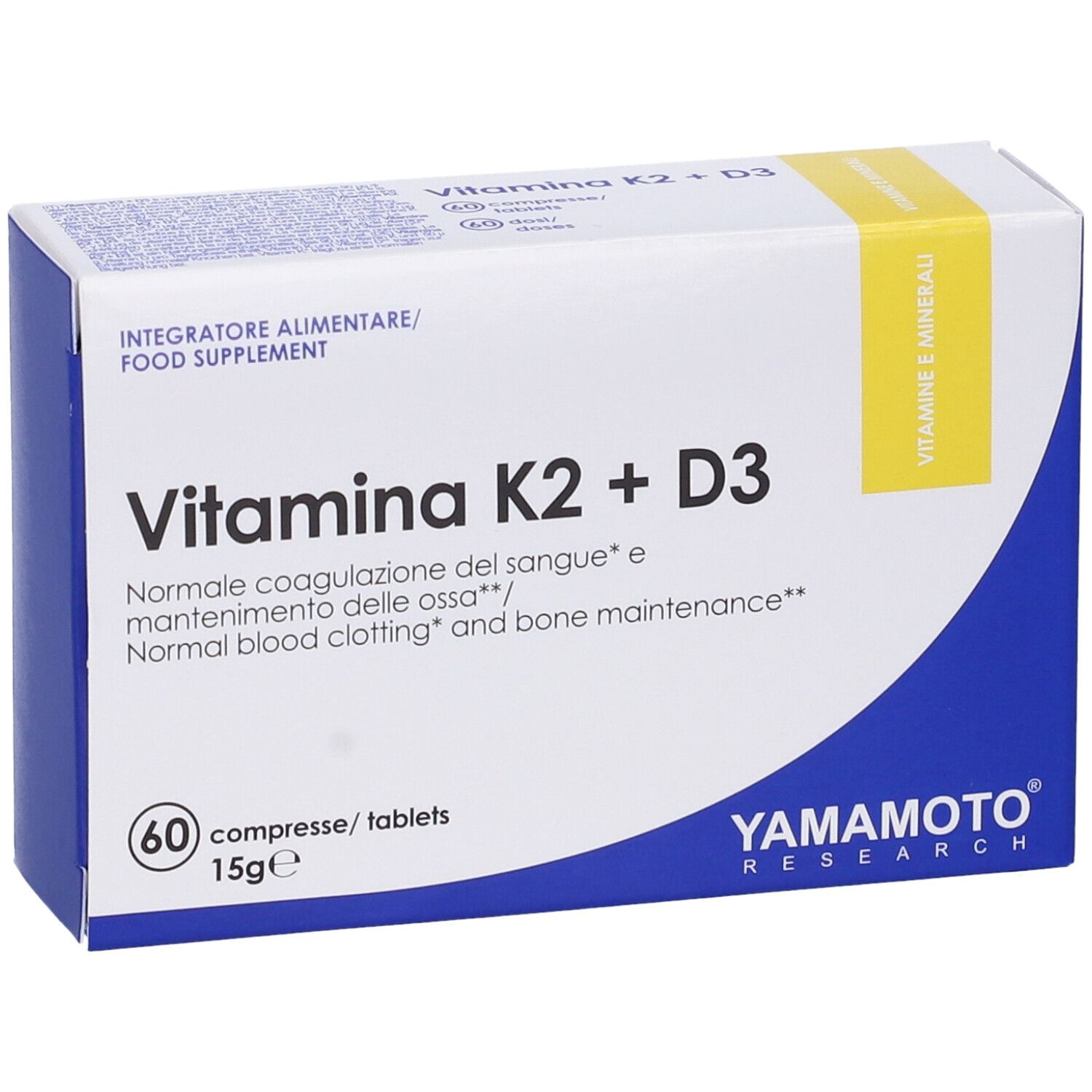 Scatola di integratore alimentare. Scritta: Vitamina K2 + D3. Marca: Yamamoto Research. Contiene 60 compresse.
