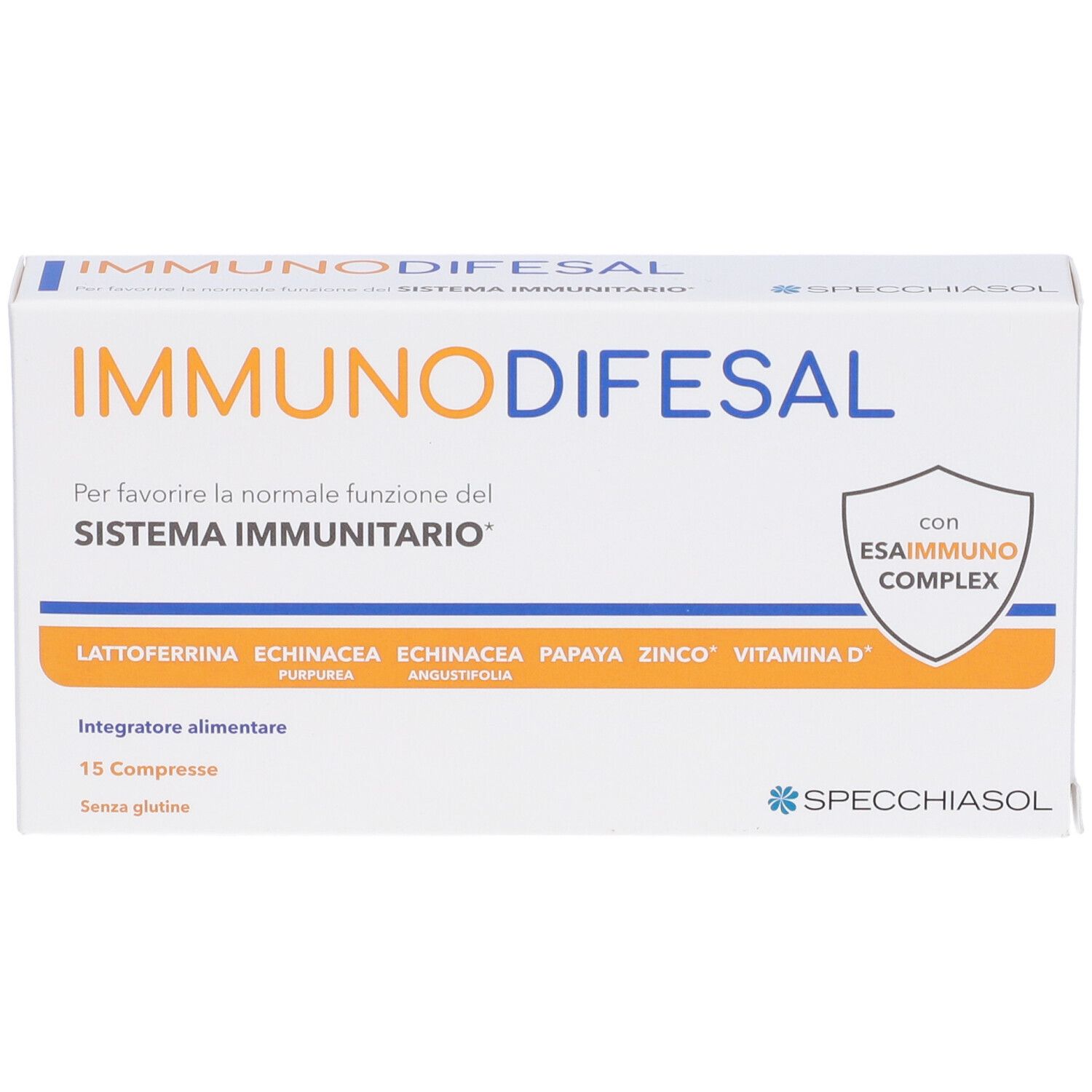 Scatola bianca con nome del prodotto e ingredienti. Marca Specchiasol. 15 compresse. Senza glutine.