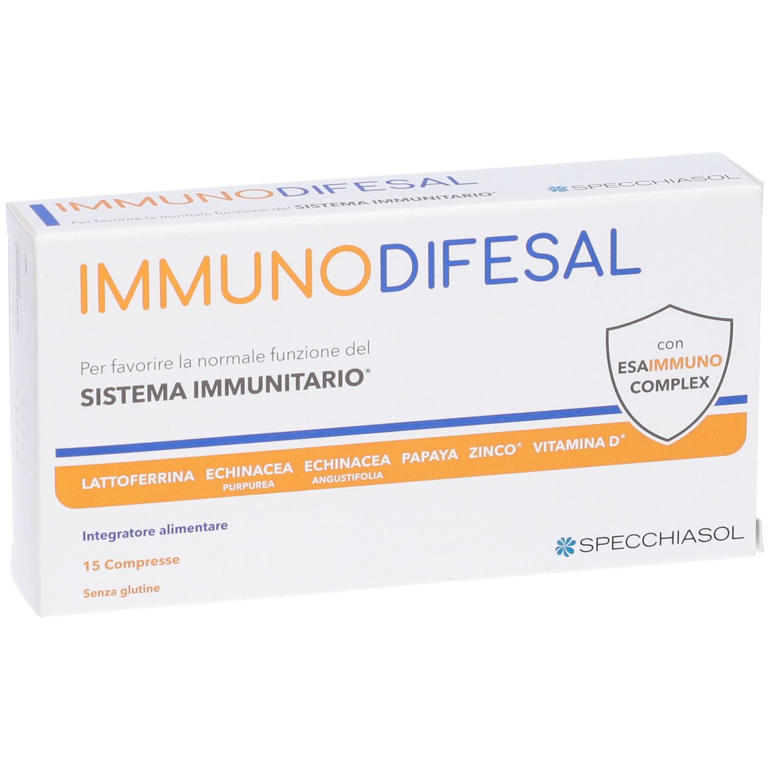Scatola bianca con nome del prodotto e ingredienti. Marca Specchiasol. 15 compresse. Senza glutine.