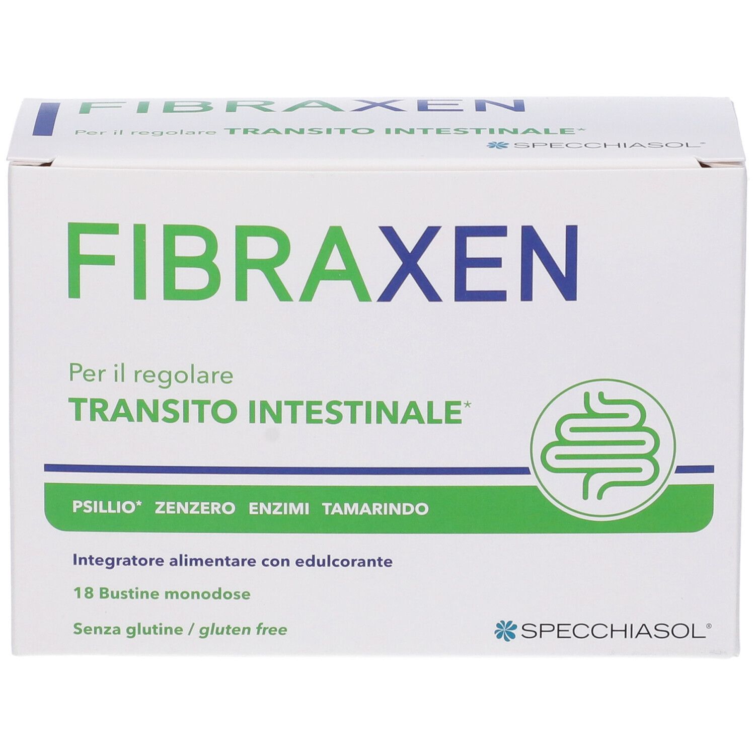 Weiße Schachtel "FIBRAXEN". Text: "Per il regolare transito intestinale". Logo: Darm-Symbol. Marke: SPECCHIASOL. 18 Beutel.