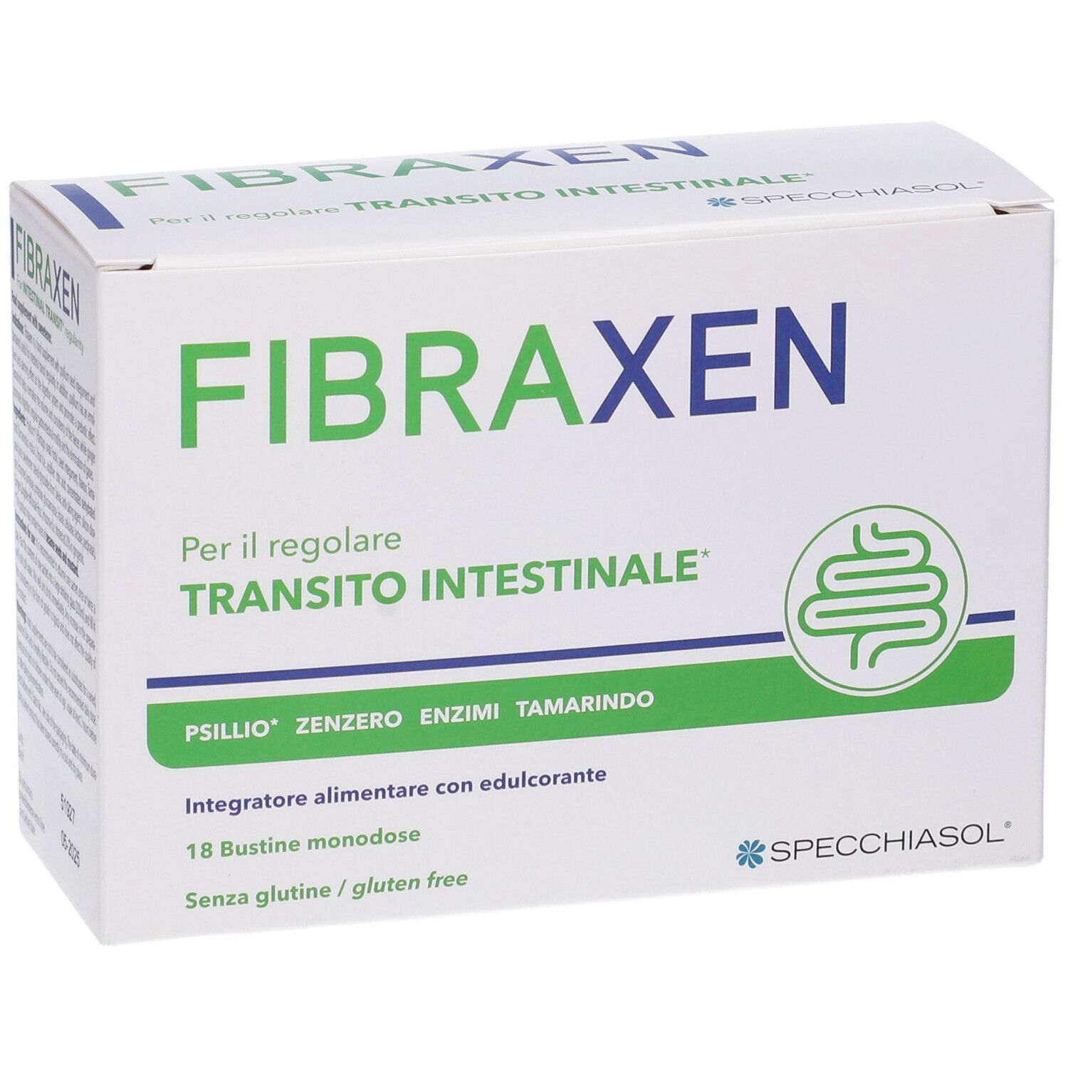 Weiße Schachtel "FIBRAXEN". Text: "Per il regolare transito intestinale". Logo: Darm-Symbol. Marke: SPECCHIASOL. 18 Beutel.