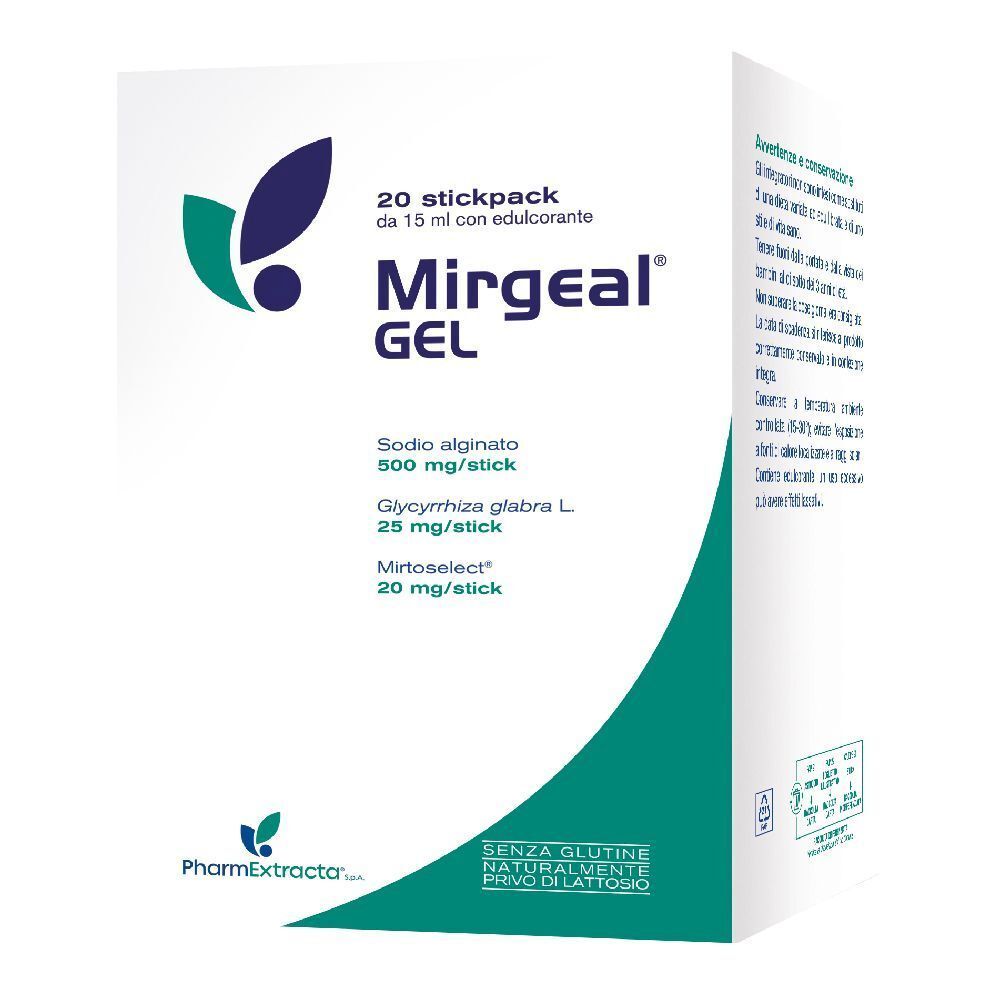 Scatola di Mirgeal Gel. Contiene 20 stickpack. Ingredienti: Sodio alginato, Glycyrrhiza glabra L., Mirtoselect.
