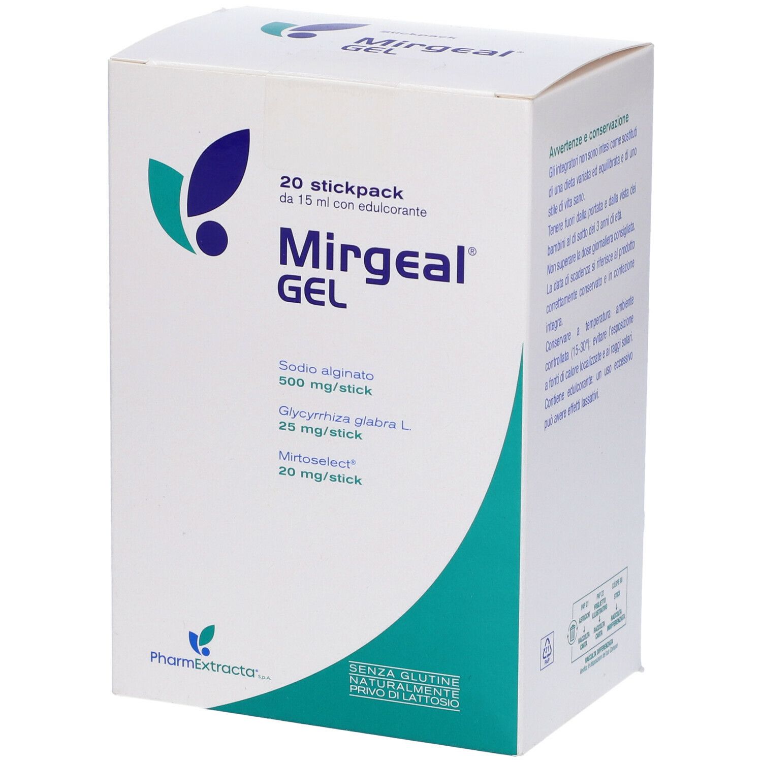 Confezione di Mirgeal Gel. Contiene 20 stickpack. Ingredienti: Sodio alginato, Glycyrrhiza glabra L., Mirtoselect.