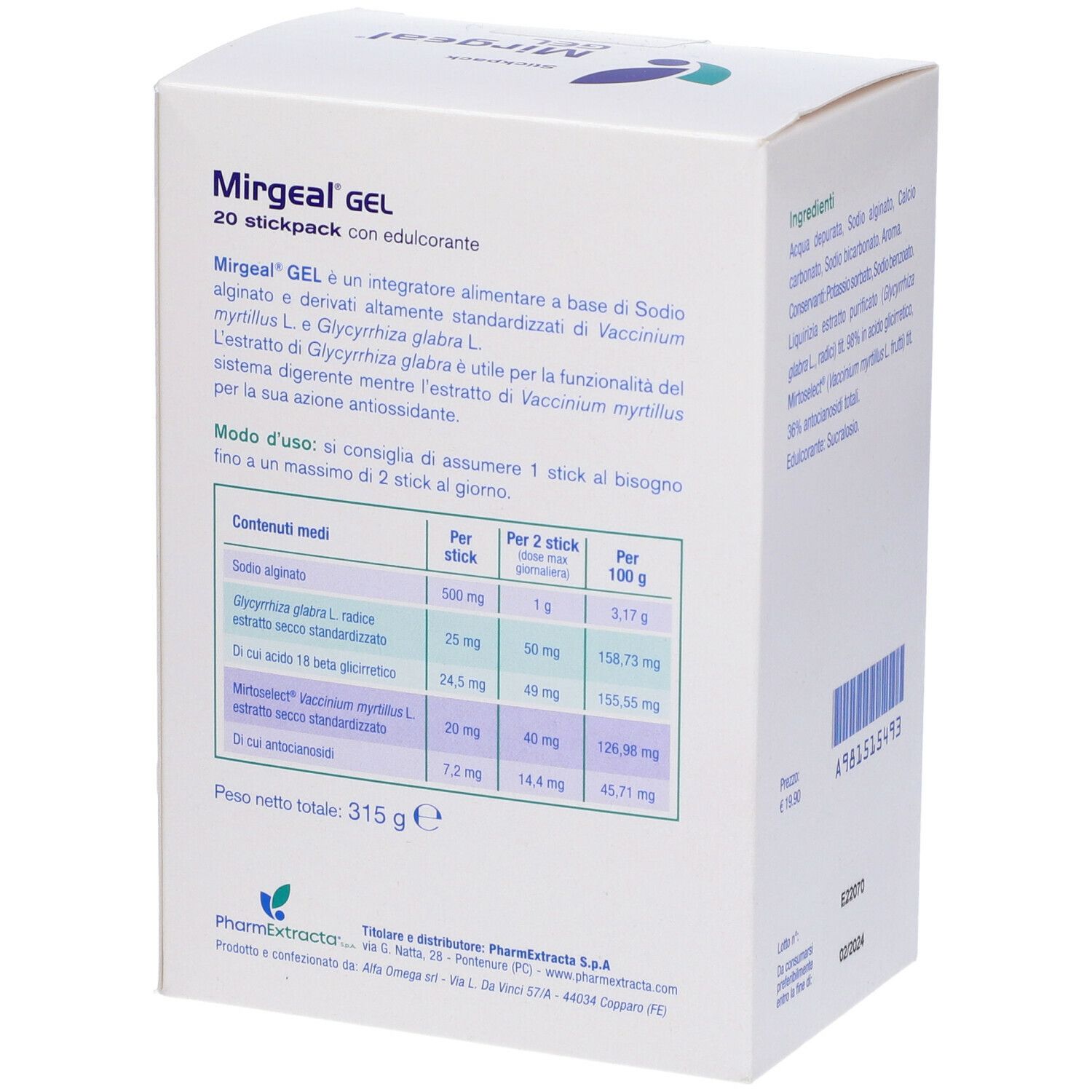 Retro della confezione di Mirgeal Gel. Contiene informazioni sull'uso e gli ingredienti.