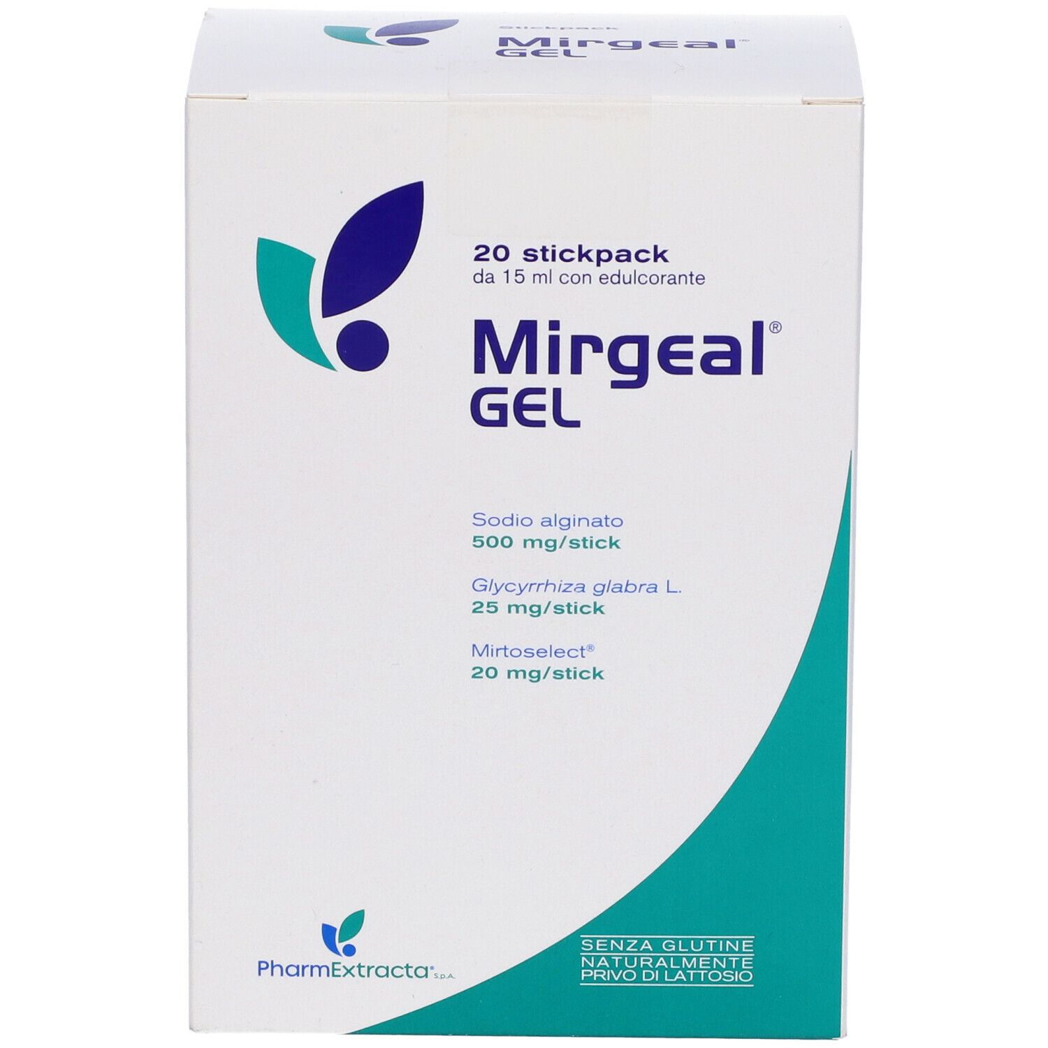 Scatola di Mirgeal Gel. Contiene 20 stickpack. Ingredienti: Sodio alginato, Glycyrrhiza glabra L., Mirtoselect.