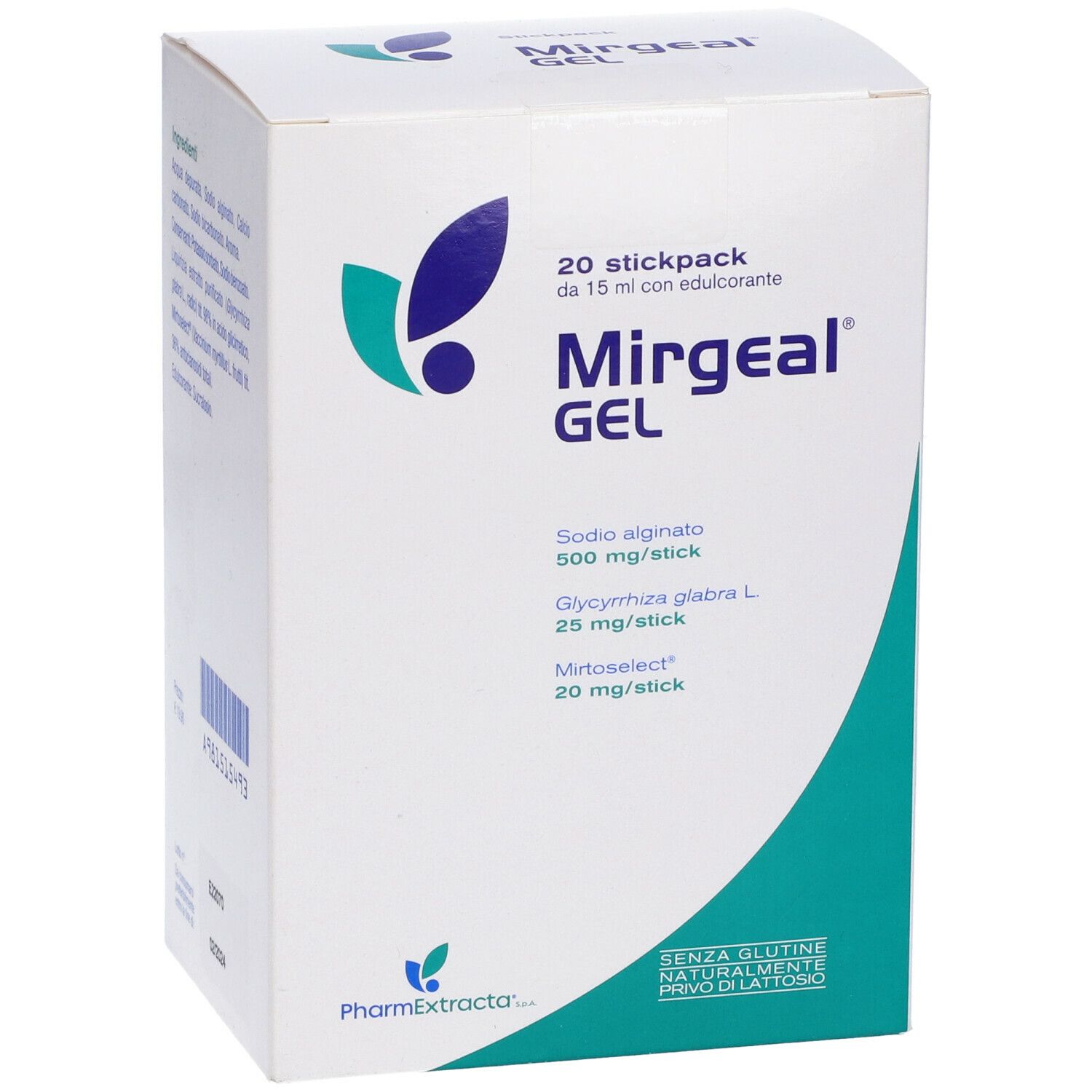 Confezione di Mirgeal Gel. Contiene 20 stickpack. Ingredienti: Sodio alginato, Glycyrrhiza glabra L., Mirtoselect.