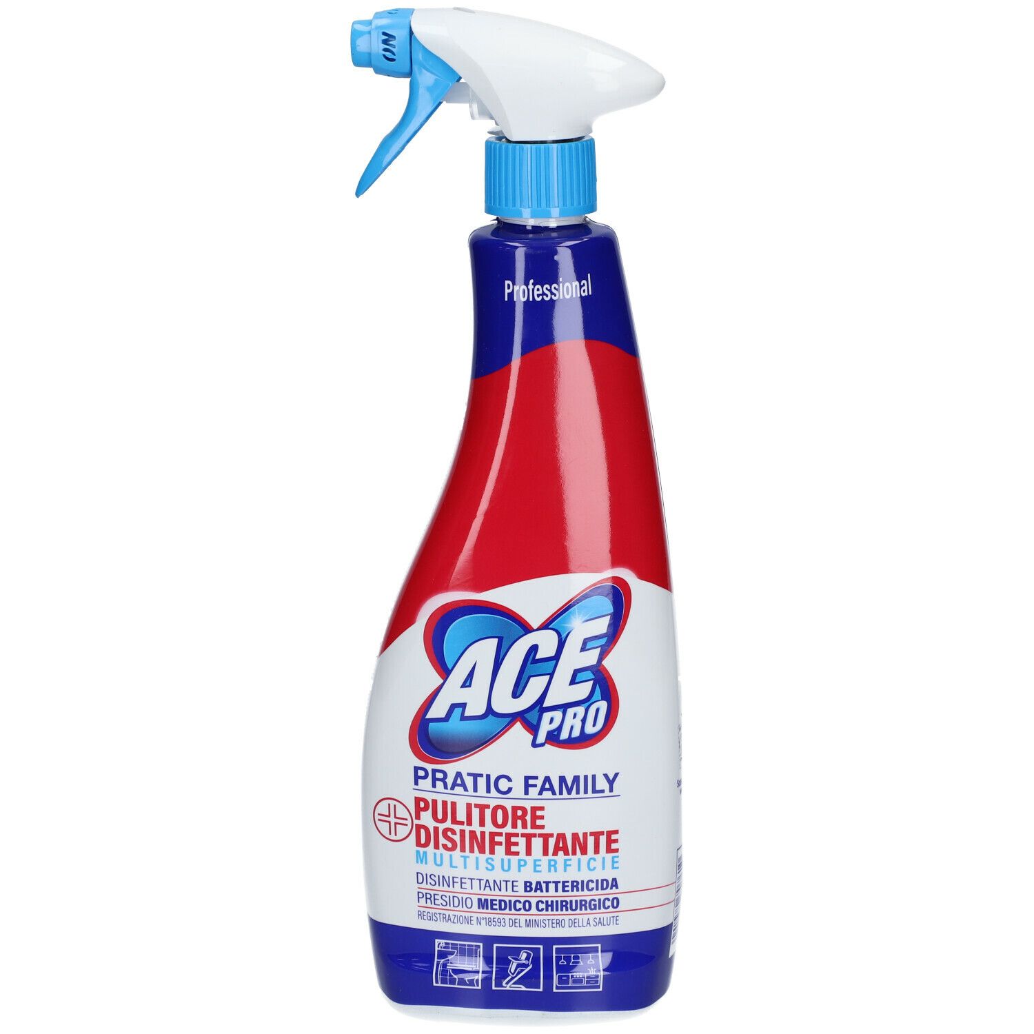 Flacone spray con erogatore bianco e blu. Contenitore rosso e bianco con dettagli blu. Testo: ACE Pro, Pratic Family, Pulitore Disinfettante.