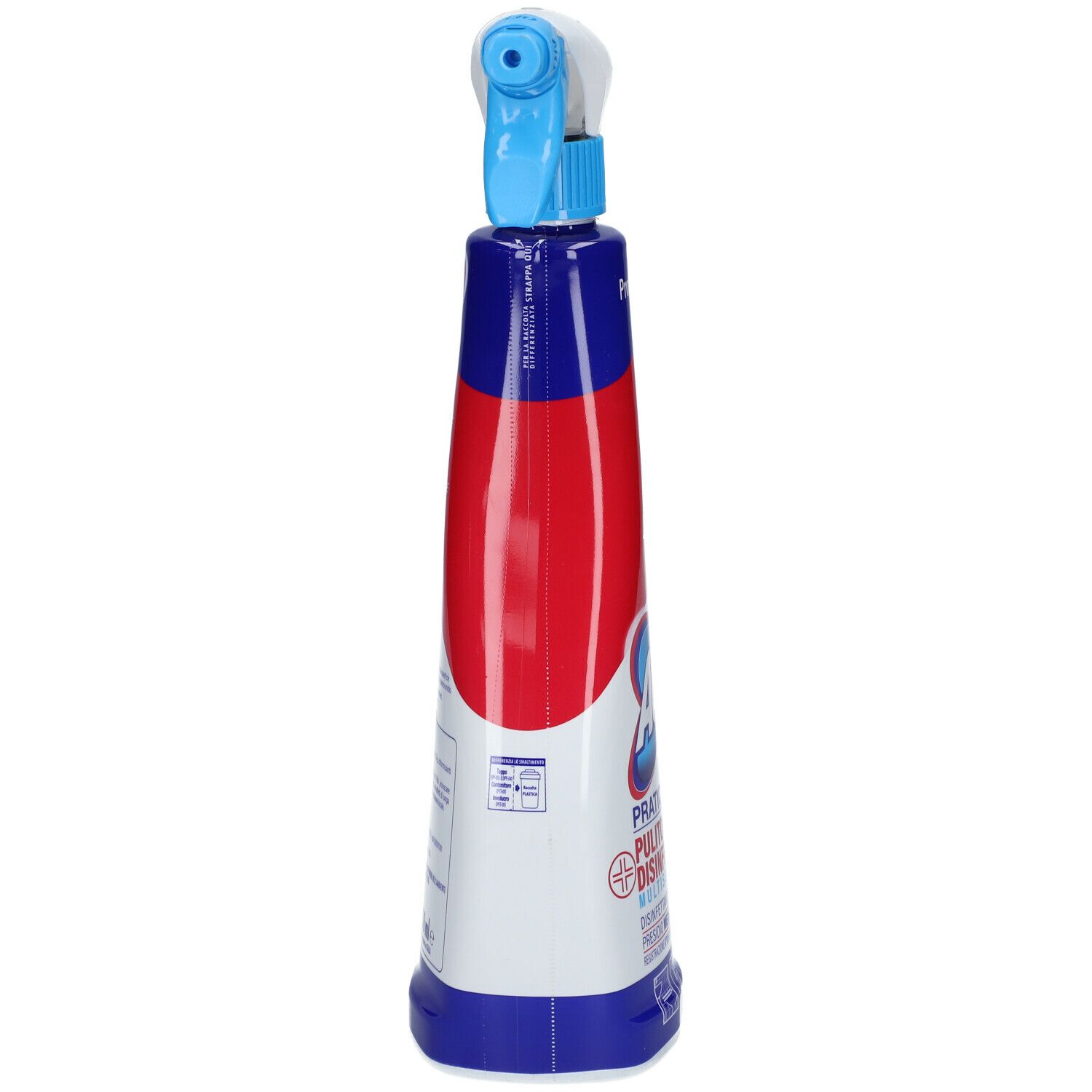Vista posteriore del flacone spray. Schema colori blu-rosso-bianco. Erogatore in alto. Testo: ACE Pro, Pulitore Disinfettante, Pratic Family.