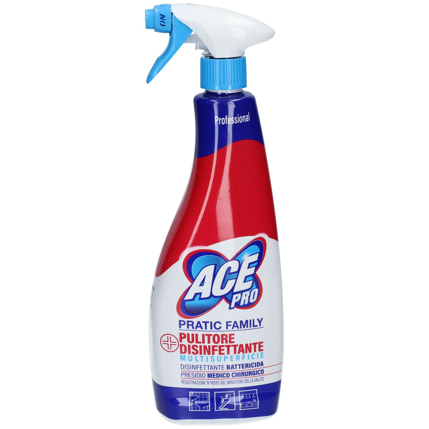 Flacone spray con erogatore bianco e blu. Contenitore rosso e bianco con dettagli blu. Testo: ACE Pro, Pratic Family, Pulitore Disinfettante.
