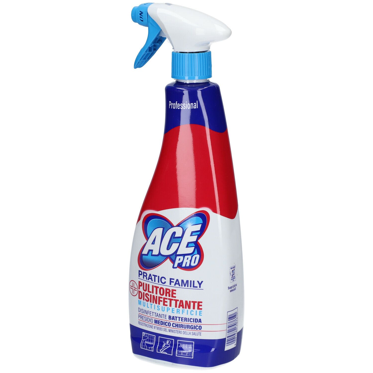 Flacone spray con erogatore bianco e blu. Contenitore rosso e bianco con dettagli blu. Testo: ACE Pro, Pratic Family, Pulitore Disinfettante.