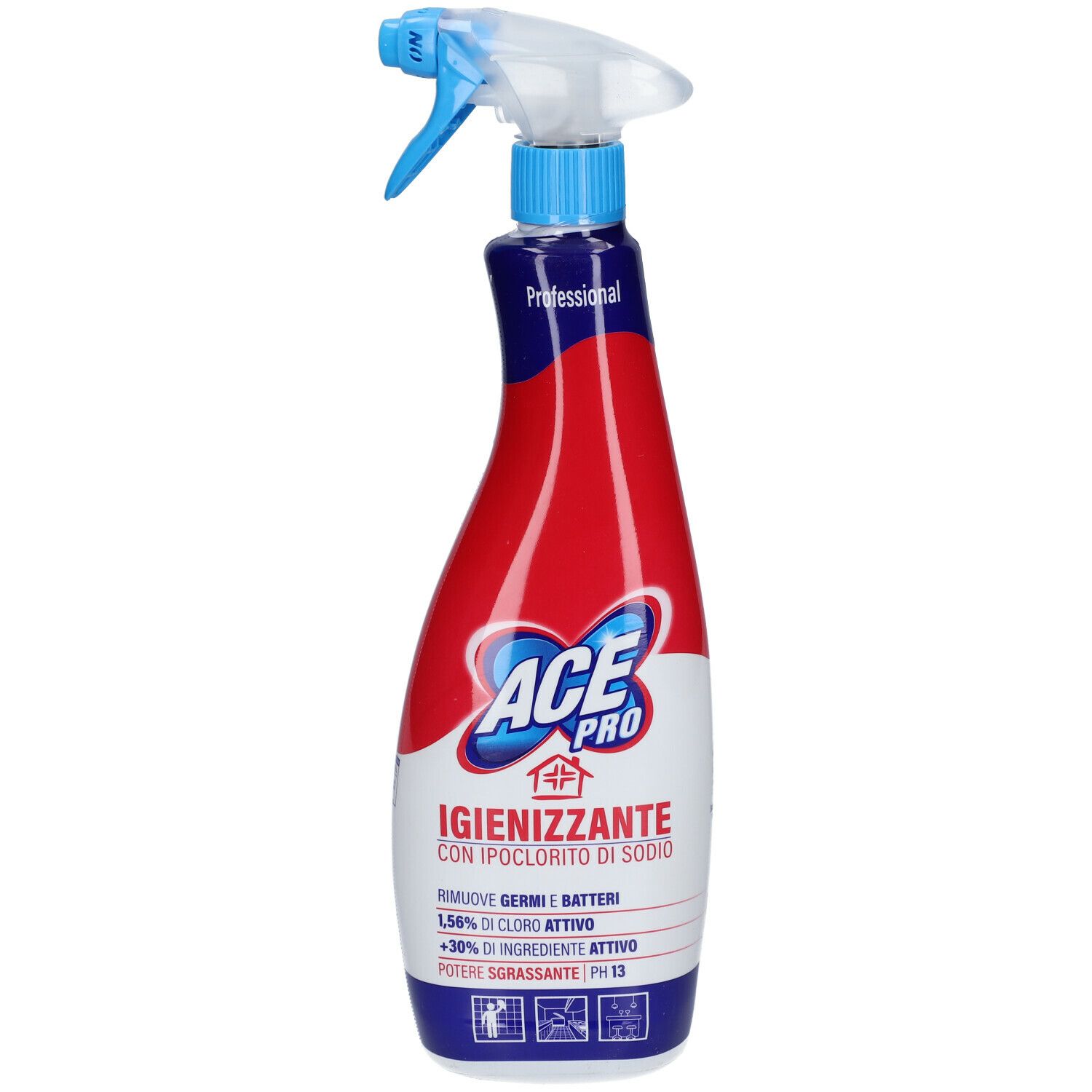 Spray igienizzante con erogatore. Flacone rosso, blu e bianco. Testo: ACE Pro Igienizzante.