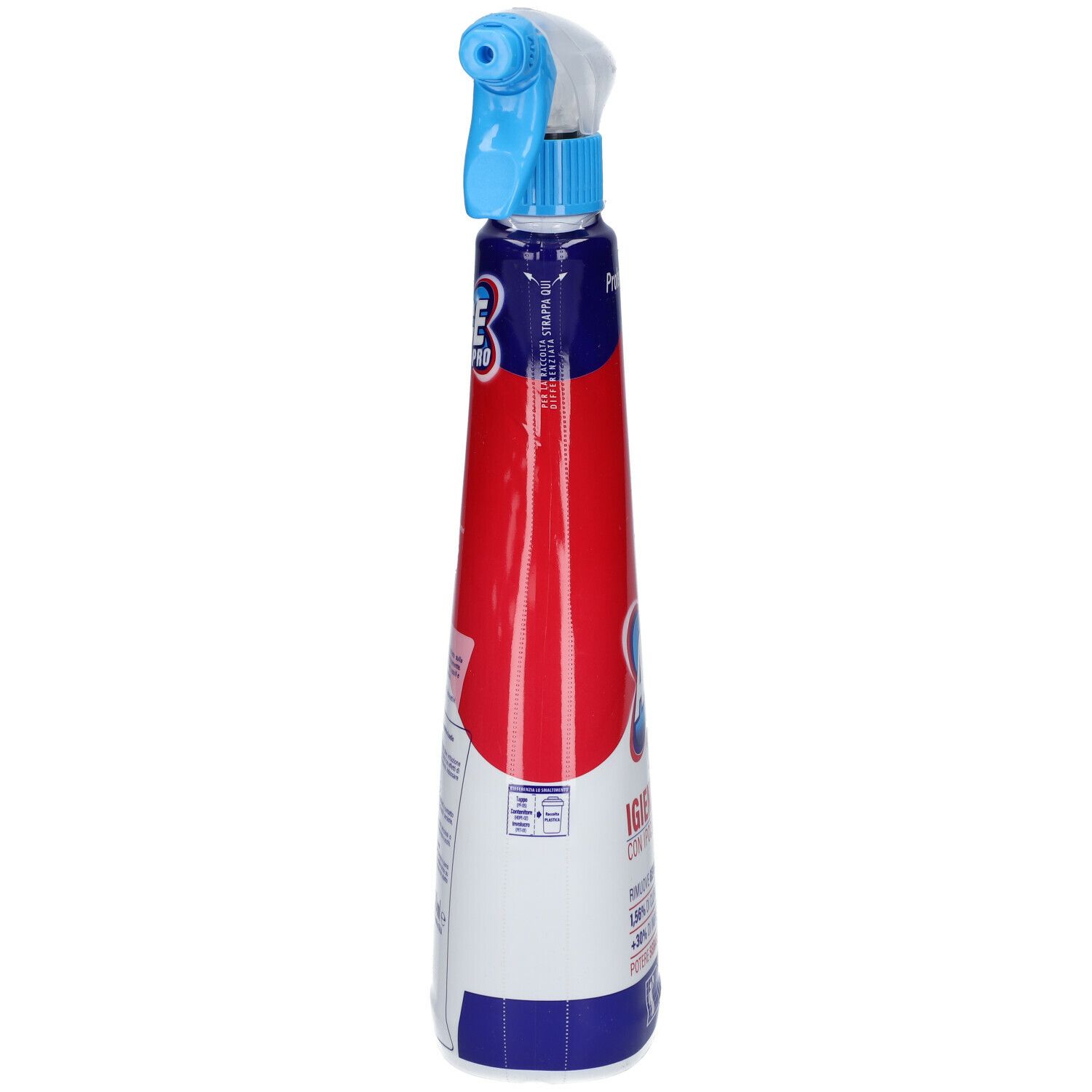Spray igienizzante, vista laterale. Flacone rosso, blu e bianco. Testo.