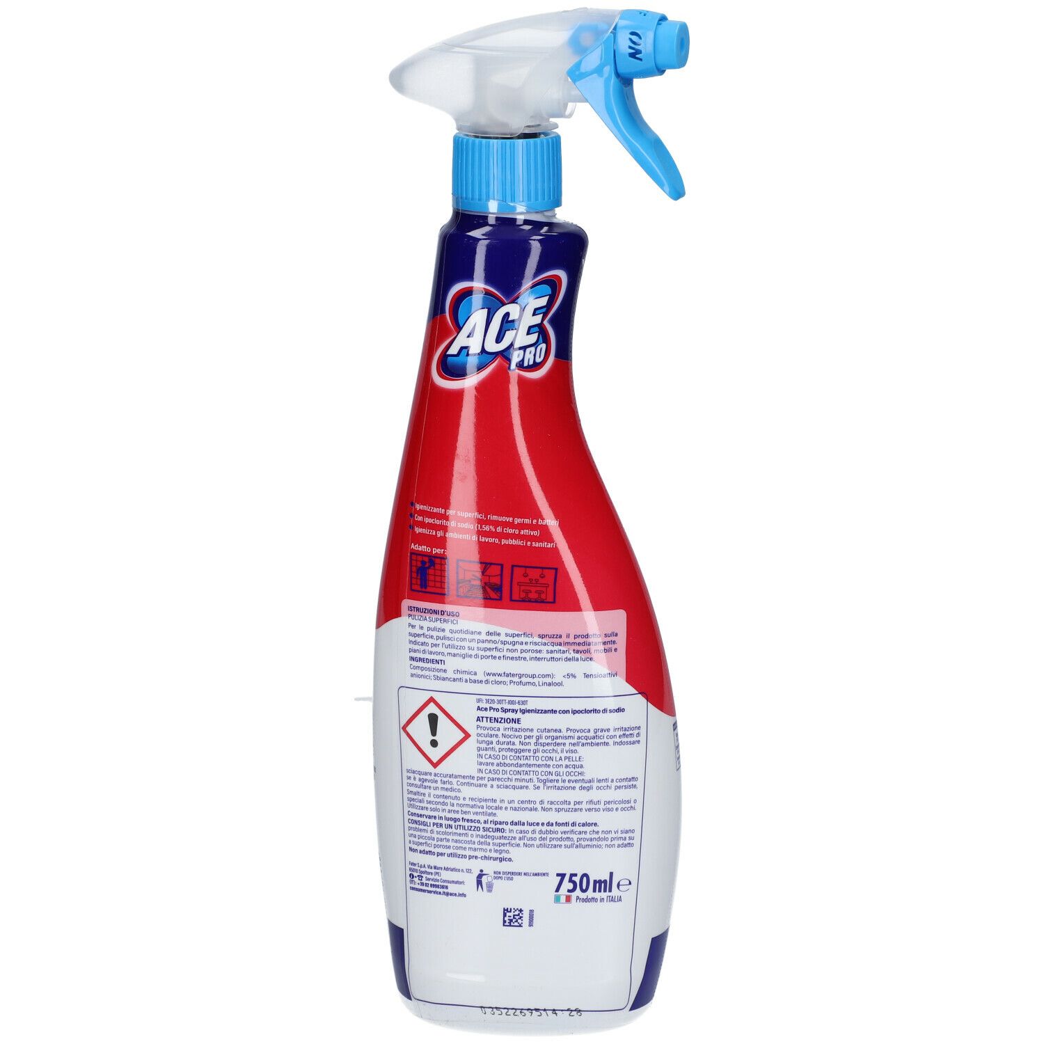 Spray igienizzante, vista posteriore. Flacone rosso, blu e bianco. Testo e avvertenze.