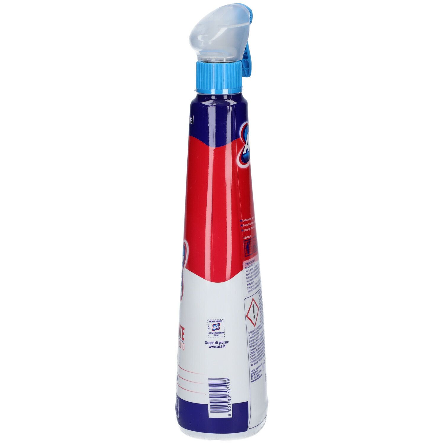 Spray igienizzante, vista laterale. Flacone rosso, blu e bianco. Testo e avvertenze.