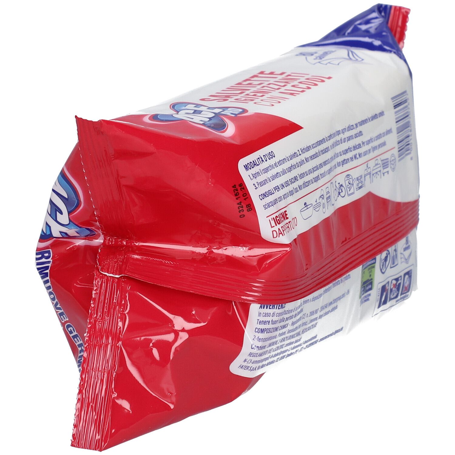 Confezione da 80 salviette ACE Pro, vista obliqua. Confezione bianca e rossa.