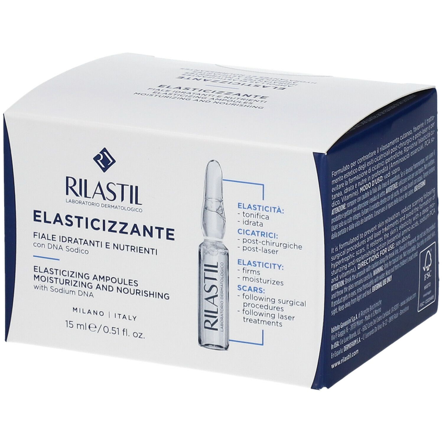 Weißer Karton mit blauer Schrift. Aufschrift: RILASTIL, ELASTICIZZANTE, Fiale, 15 ml.