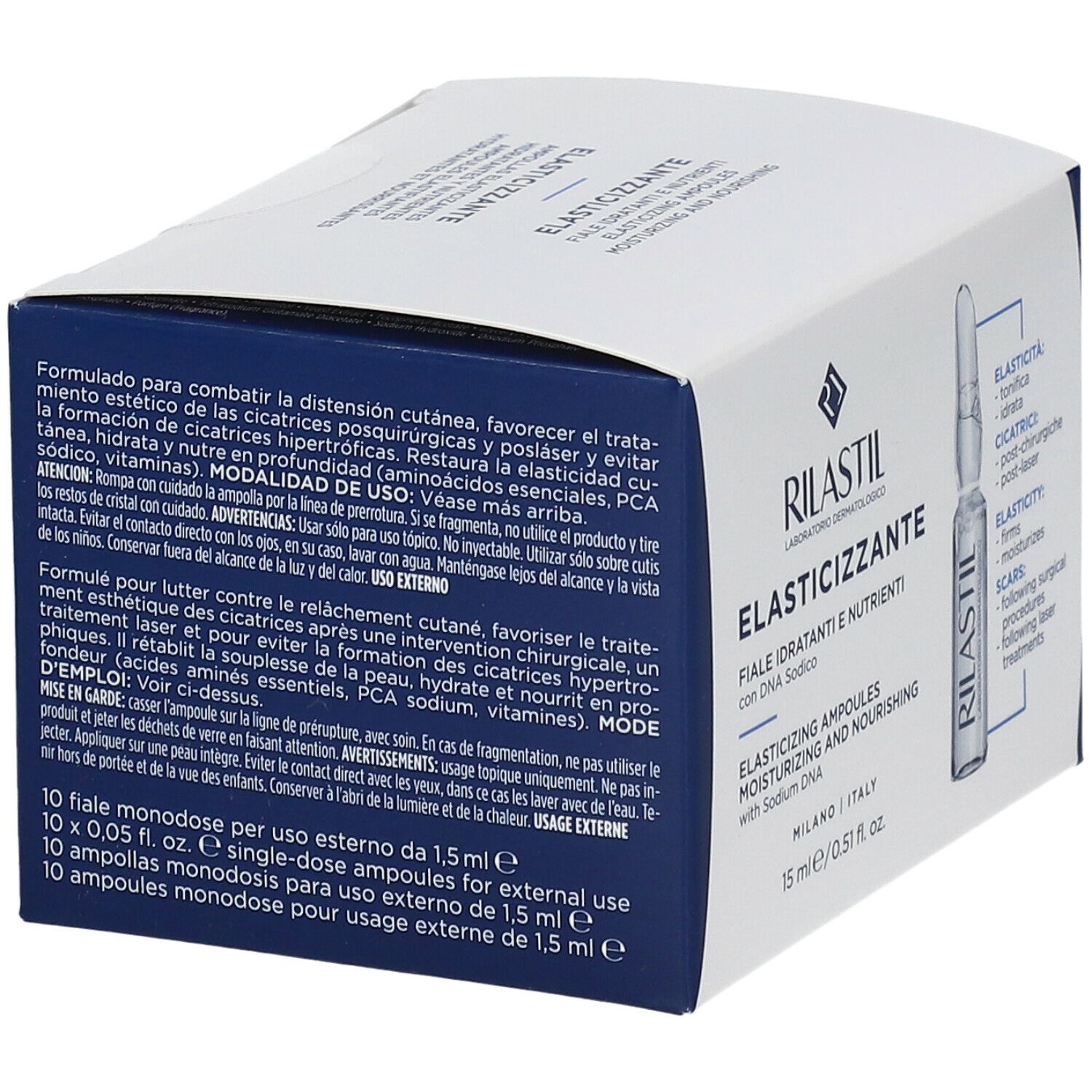 Weißer Karton mit blauer Schrift. Aufschrift: RILASTIL, ELASTICIZZANTE, Fiale, 15 ml.