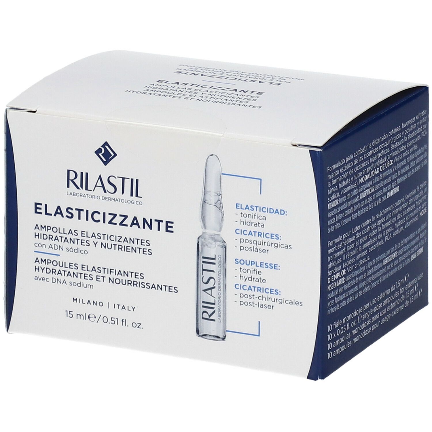 Weißer Karton mit blauer Schrift. Aufschrift: RILASTIL, ELASTICIZZANTE, Fiale, 15 ml.