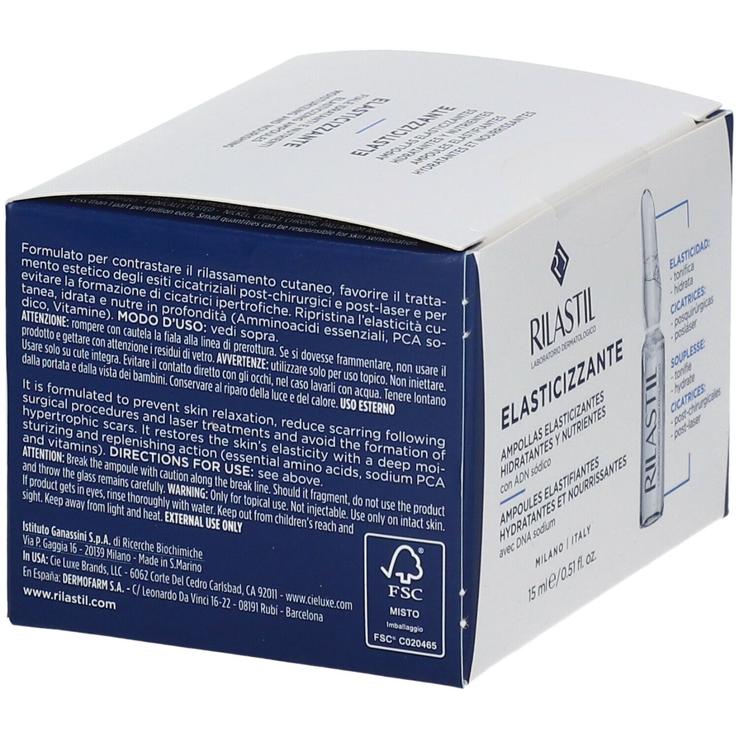 Weißer Karton mit blauer Schrift. Aufschrift: RILASTIL, ELASTICIZZANTE, Fiale, 15 ml.