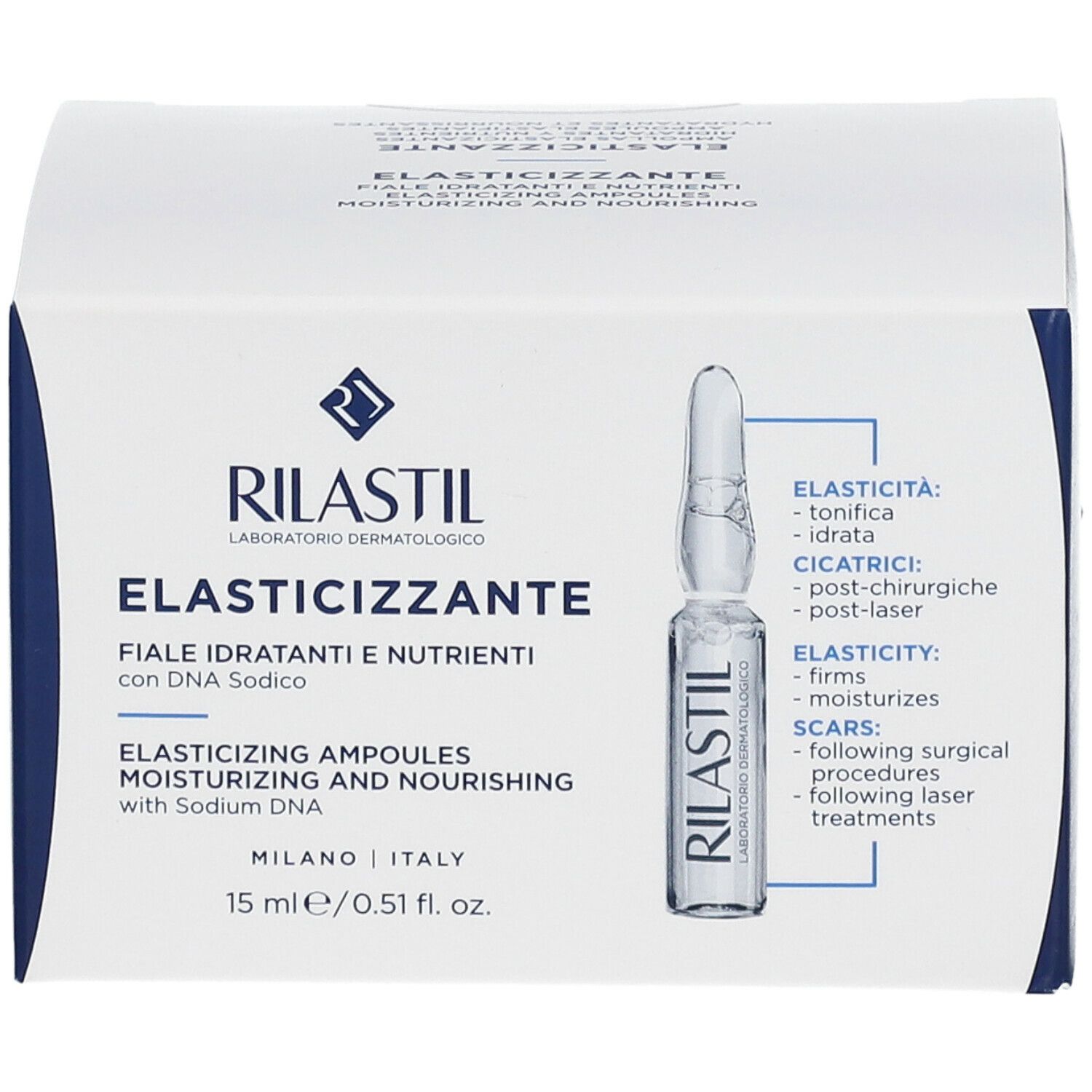 Weißer Karton mit blauer Schrift. Aufschrift: RILASTIL, ELASTICIZZANTE, Fiale, 15 ml.