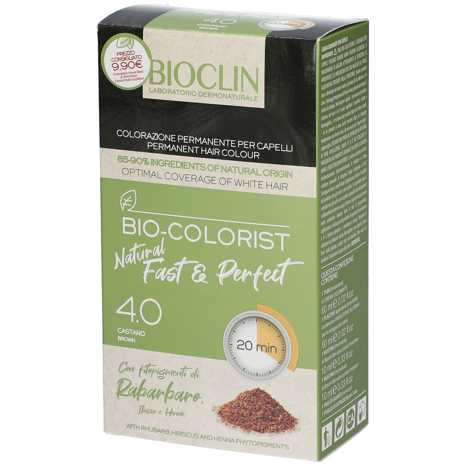 BIOCLIN Bio-Colorist 4.0 Castano. Confezione tinta. Etichetta prezzo. Informazioni sul prodotto.