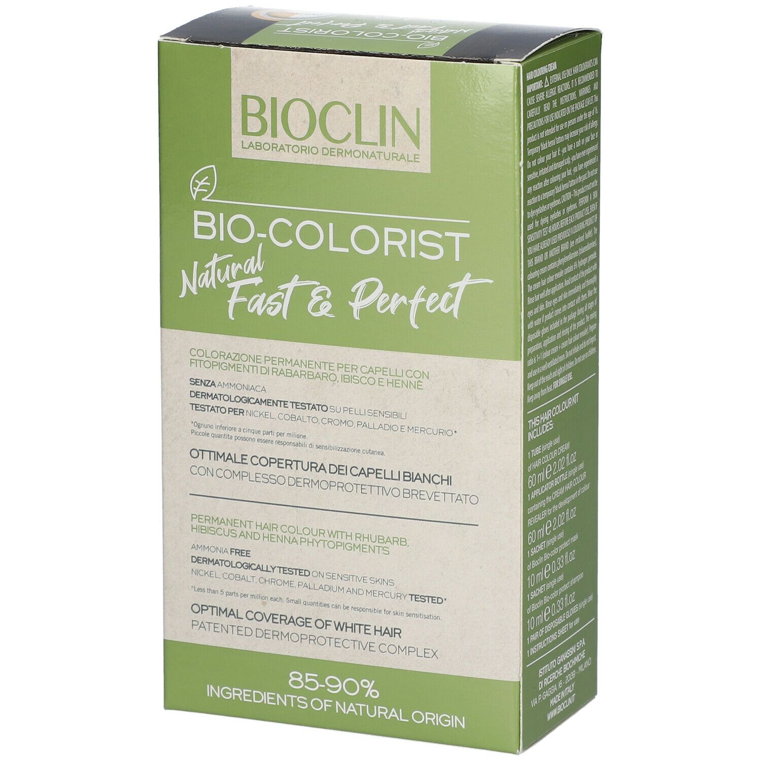 BIOCLIN Bio-Colorist 4.0 Castano. Confezione, vista laterale. Informazioni e ingredienti del prodotto.