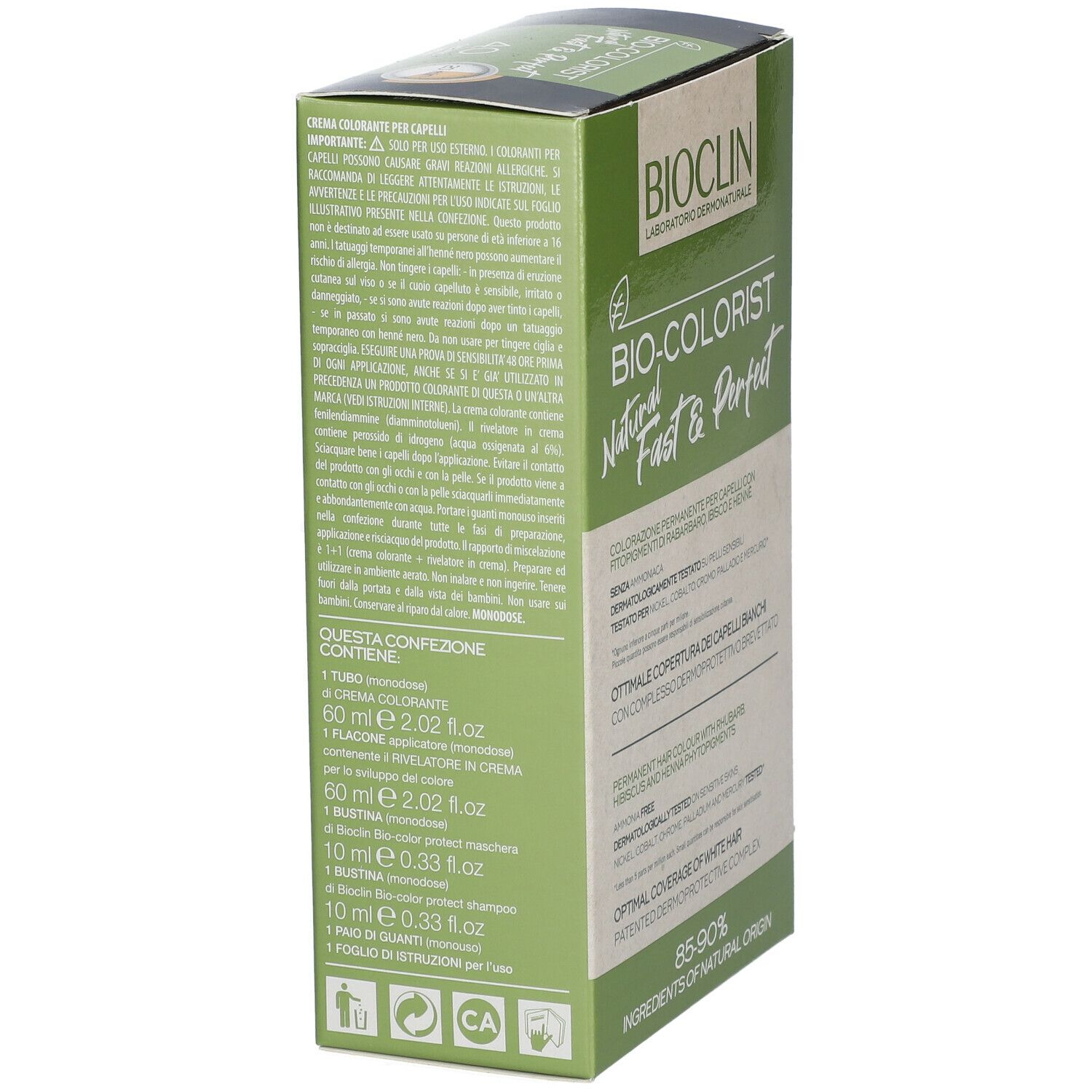 BIOCLIN Bio-Colorist 4.0 Castano. Confezione, vista laterale. Informazioni e ingredienti del prodotto.