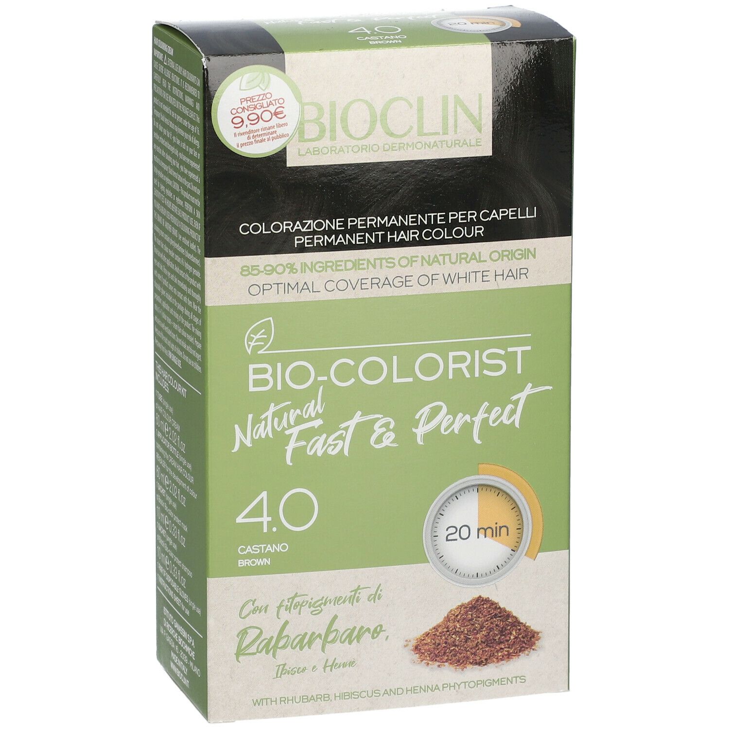 BIOCLIN Bio-Colorist 4.0 Castano. Confezione tinta. Etichetta prezzo. Informazioni sul prodotto.