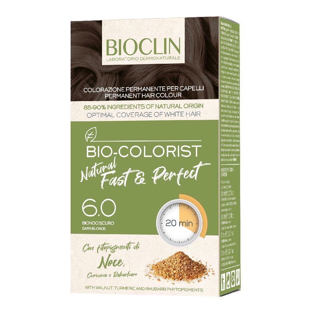 BIOCLIN Bio-Colorist 6.0, biondo scuro, tinta per capelli. Confezione con immagine e testo. Tempo di posa: 20 minuti.