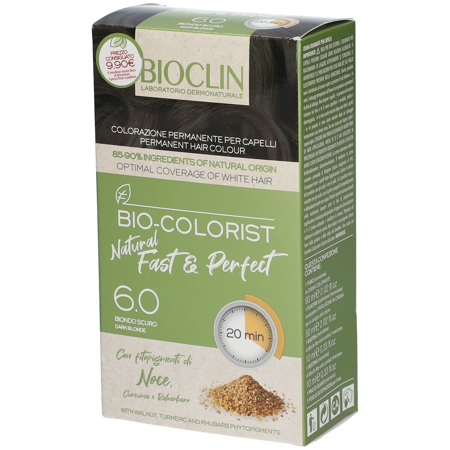 BIOCLIN Bio-Colorist 6.0, biondo scuro, tinta per capelli. Confezione con etichetta prezzo. Immagine e testo. 20 minuti.